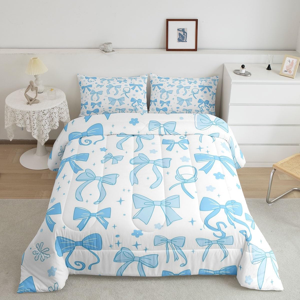 Feelyou Blue Bowknot Decoration Comforter Set Queen Size for Girls Adults Watercolor Blue Bow Kawaii Comforter Set Dreamy Princess Style Quilt Set