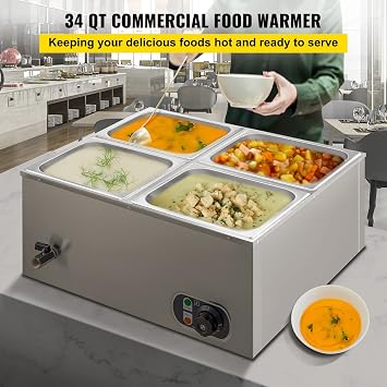 Buffet Bain Marie 34 Quart - 4-Pan Commercial Food Warmer with Lid, 850W Electric Steam Table – Ideal for Catering and Restaurants, Professional Stainless Steel Construction