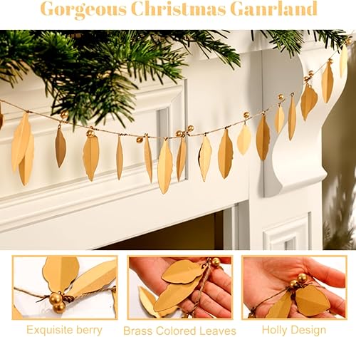 Miniatura 5 de Moxweyeni Guirnalda de acebo de metal de hierro rústico de 5 pies, decoración de hojas y bayas de metal antiguo, acabado retro de latón, decoración
