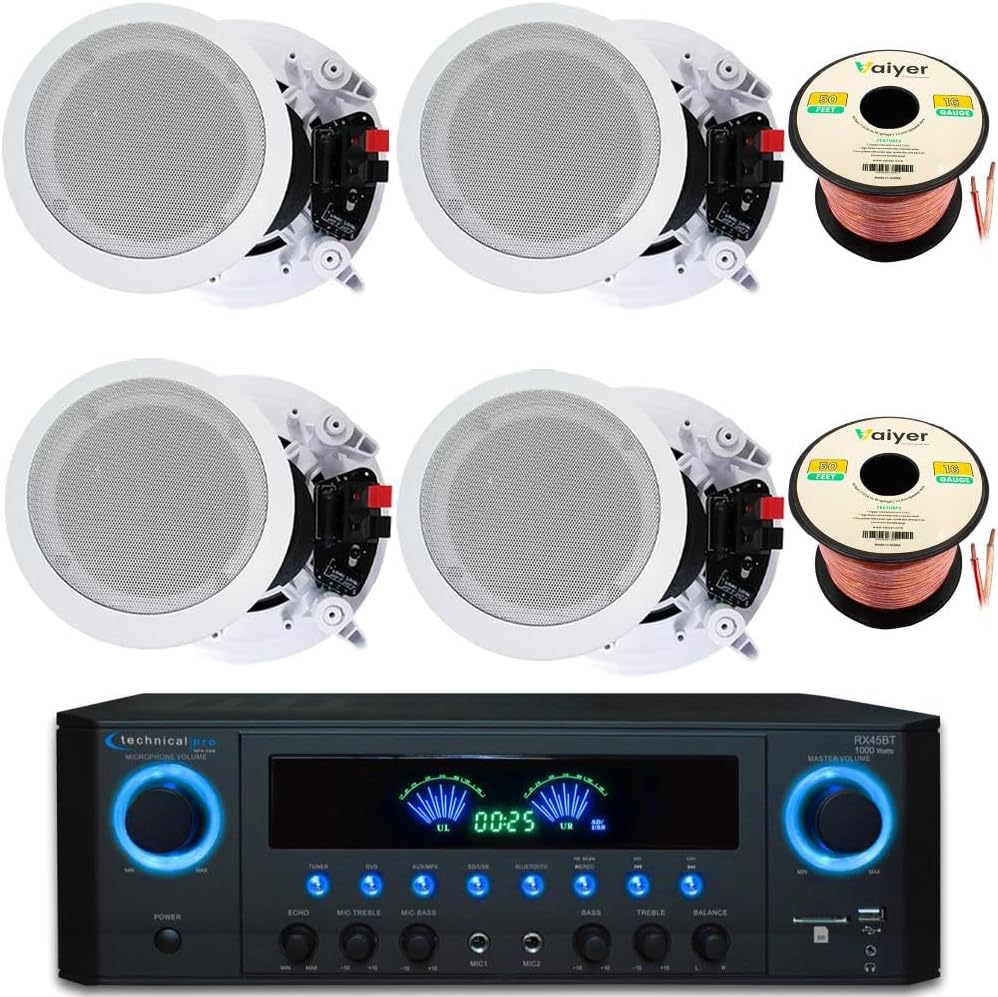 Home Theater Sound System Kit - 1000 Watts Bluetooth Amplifier w/ 4 QTY of 8" Framed Ceiling Speakers 300 W Each, 100 ft Speaker Wire & Remote Perfect for Home, Office,Bar, Restaurant by Technical Pro