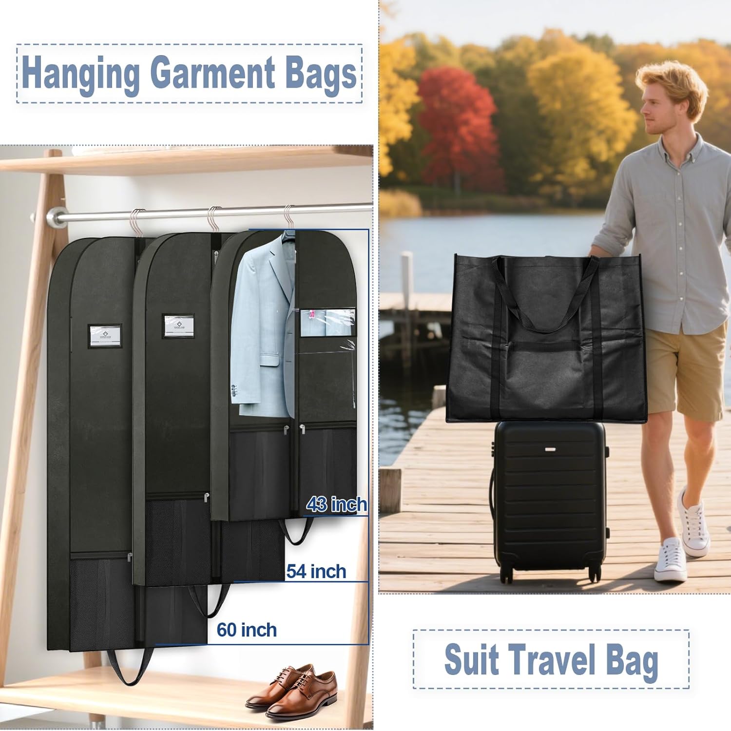 Garment Bag for Travel, Folding Garment Bags – Heavy Duty Clothing Storage Bags for Hanging Clothes, Large Suits Bags with Zipper for Dresses & Travel, Closet Organizer Bags for Seasonal Protection