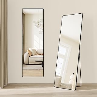 SONGMICS Full Length Mirror, 63 x 20 Inches, Rectangle Full Body Mirror with Stand, Aluminum Alloy Frame Floor Mirror, Tempered Glass, for Bedroom, Living Room, Cloakroom, Ink Black ULFM030B01