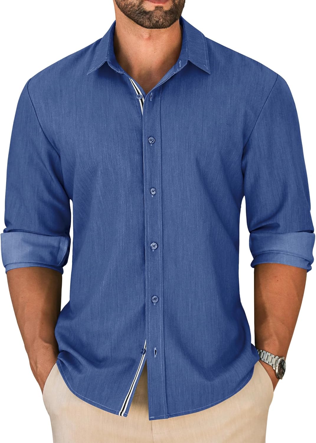 LETSEE Mens Casual Button Down Dress Shirts Long Sleeve Untucked Wrinkle Free Denim Business Shirt