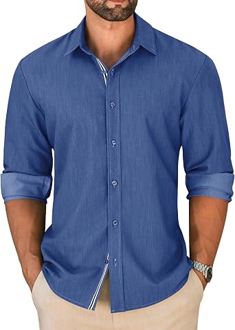 Mens Untucked Dress Shirts Button Down Long Sleeve Business Denim Texture