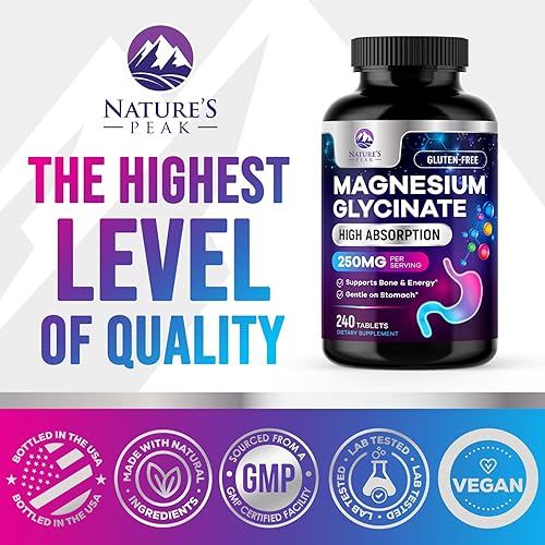 Miniatura 4 de Suplemento de glicinato de magnesio 250 mg - 100% quelado y purificado - para apoyar el sueño, la salud cardíaca, los músculos y la fuerza ósea -