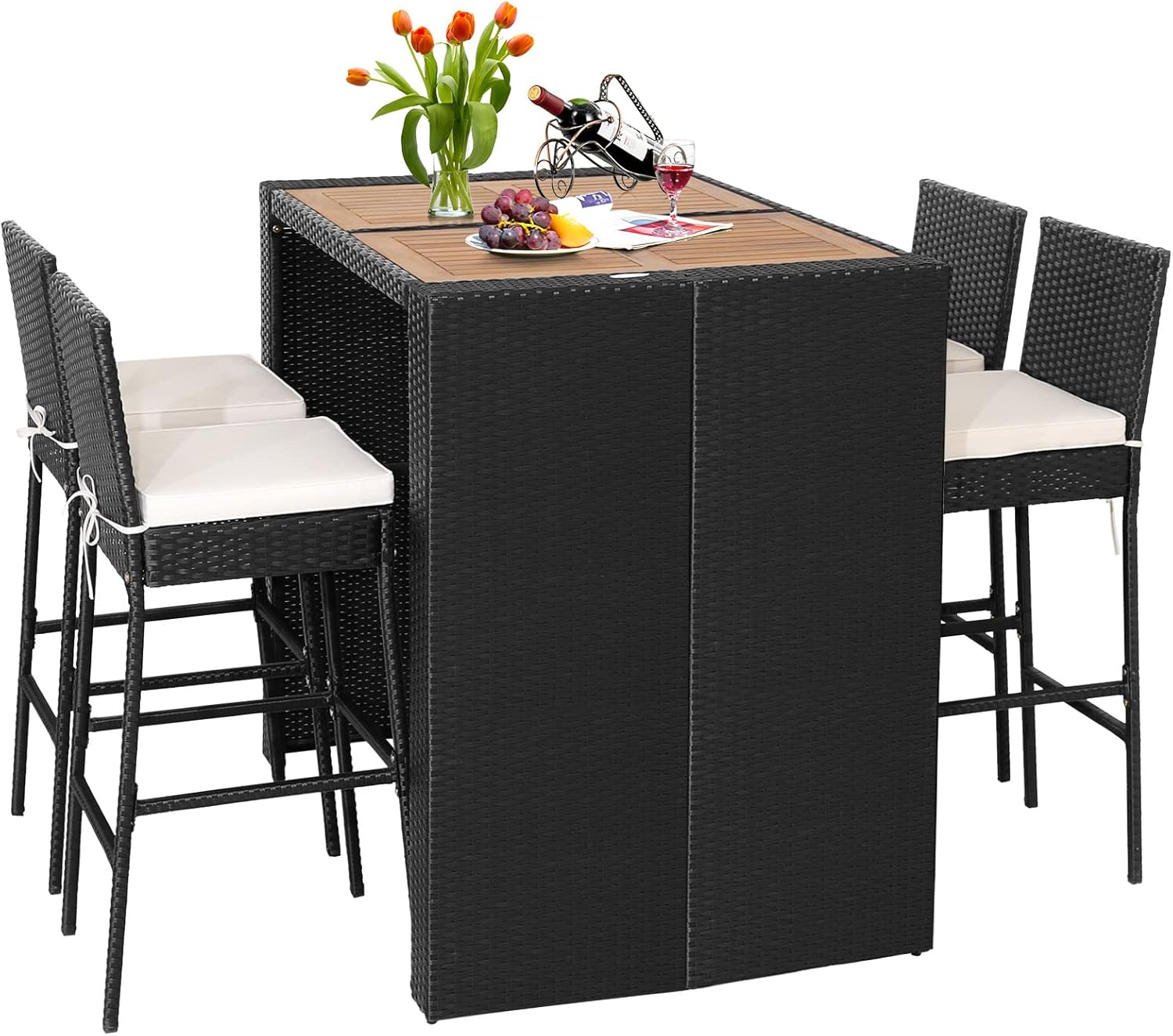 HAPPYGRILL 5 Pieces Rattan Outdoor Bar Set with Height Table & 4 Cushioned Bar Stools, Patio Bar Set Wicker Dining Set for Poolside Patio Backyard