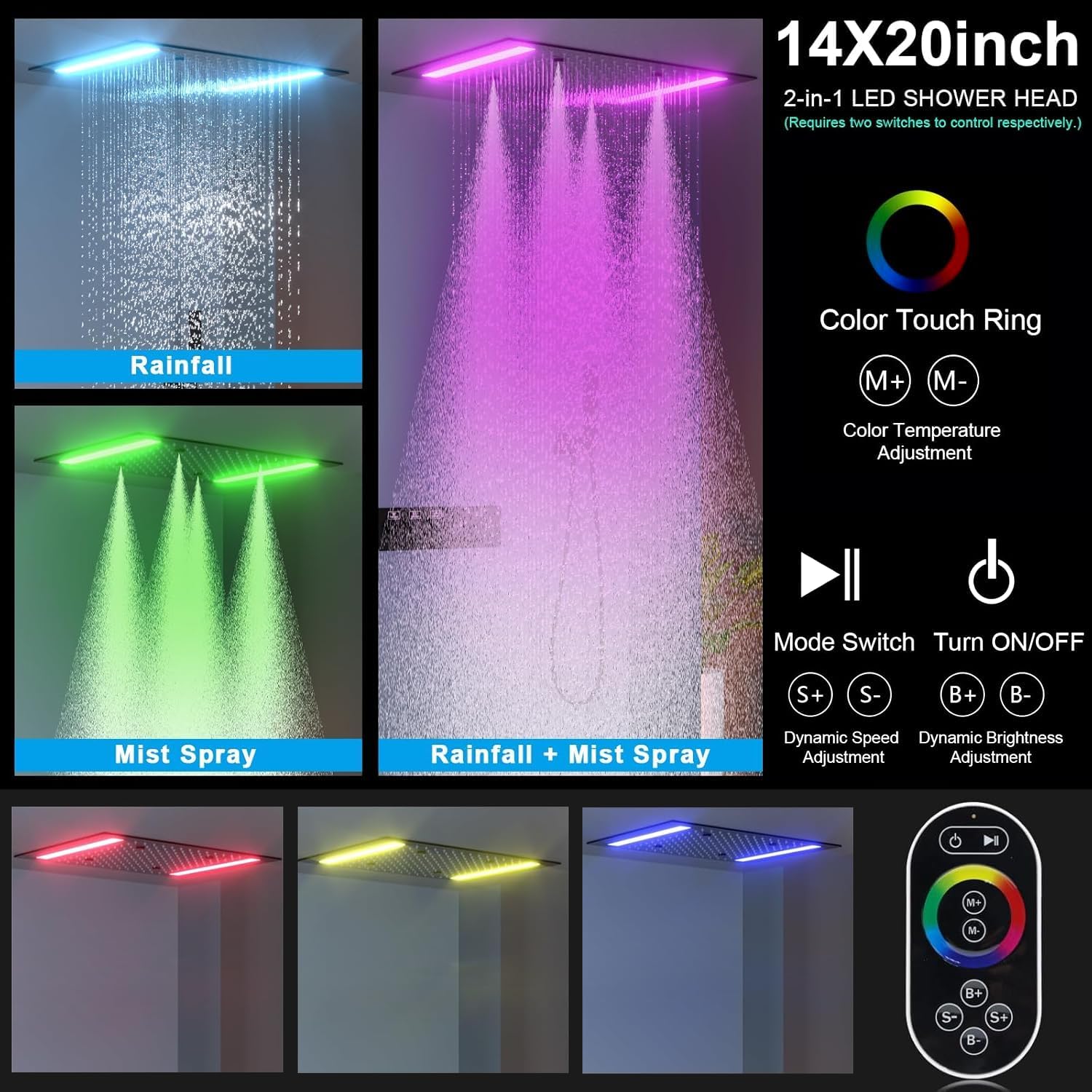 Bathroom Shower System,4 Functions Digital Temperature Display Diverter Valve,Ceiling 14x20" 2-Function Shower Head and 8 inch Wall Mounted Shower Head Combo,Handheld Shower Matte Black image 3