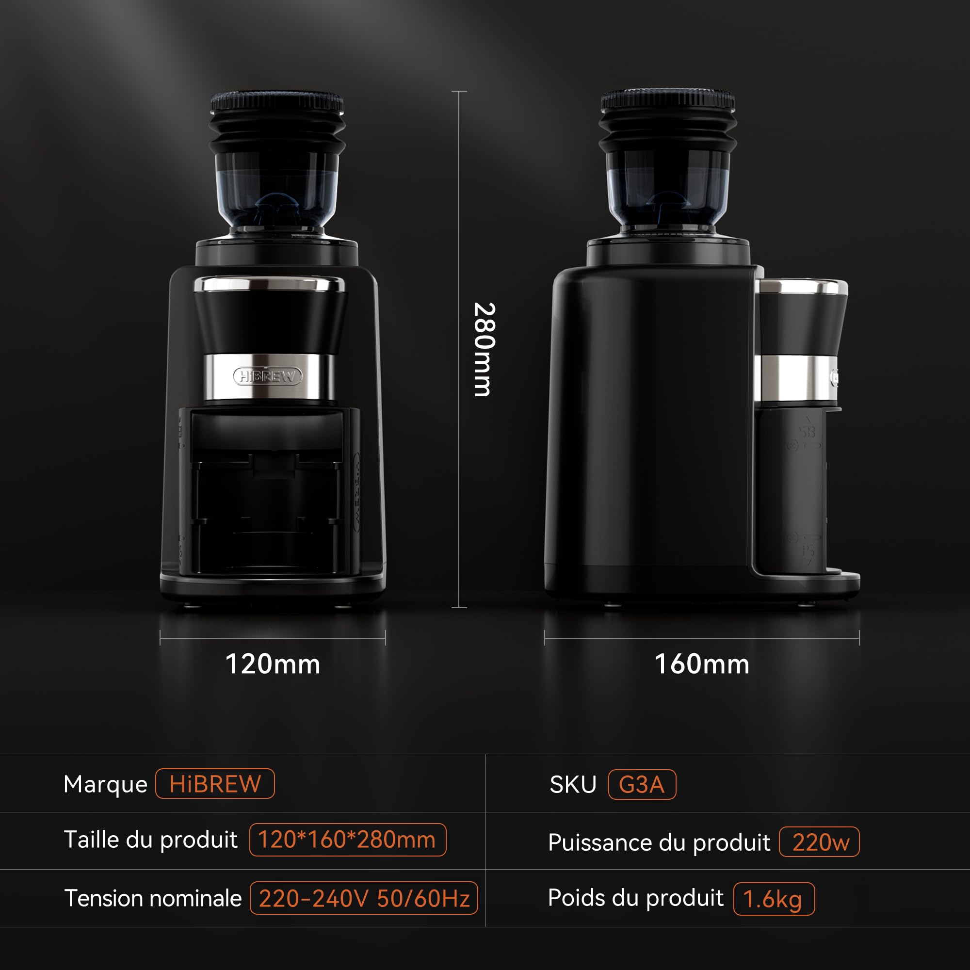 HIBREW G3A Moulin à café électrique - Moulin conique en acier inoxydable avec arôme préservé, tasse unique, 200 watts, 31 réglages de mouture réglables