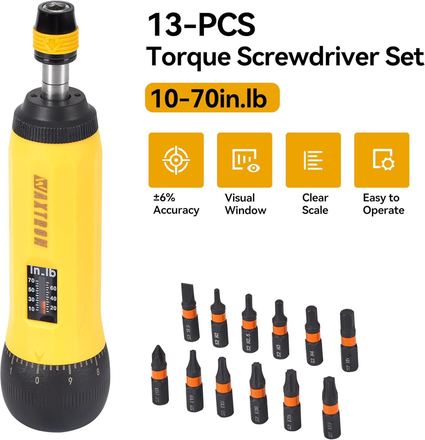 Torque Screwdriver Set, 1/4" Hex Drive, 10-70 in-lb, 13-Piece Kit with S2 Steel Bits, for Optics, Electronics, Bicycles & Scope Mounting