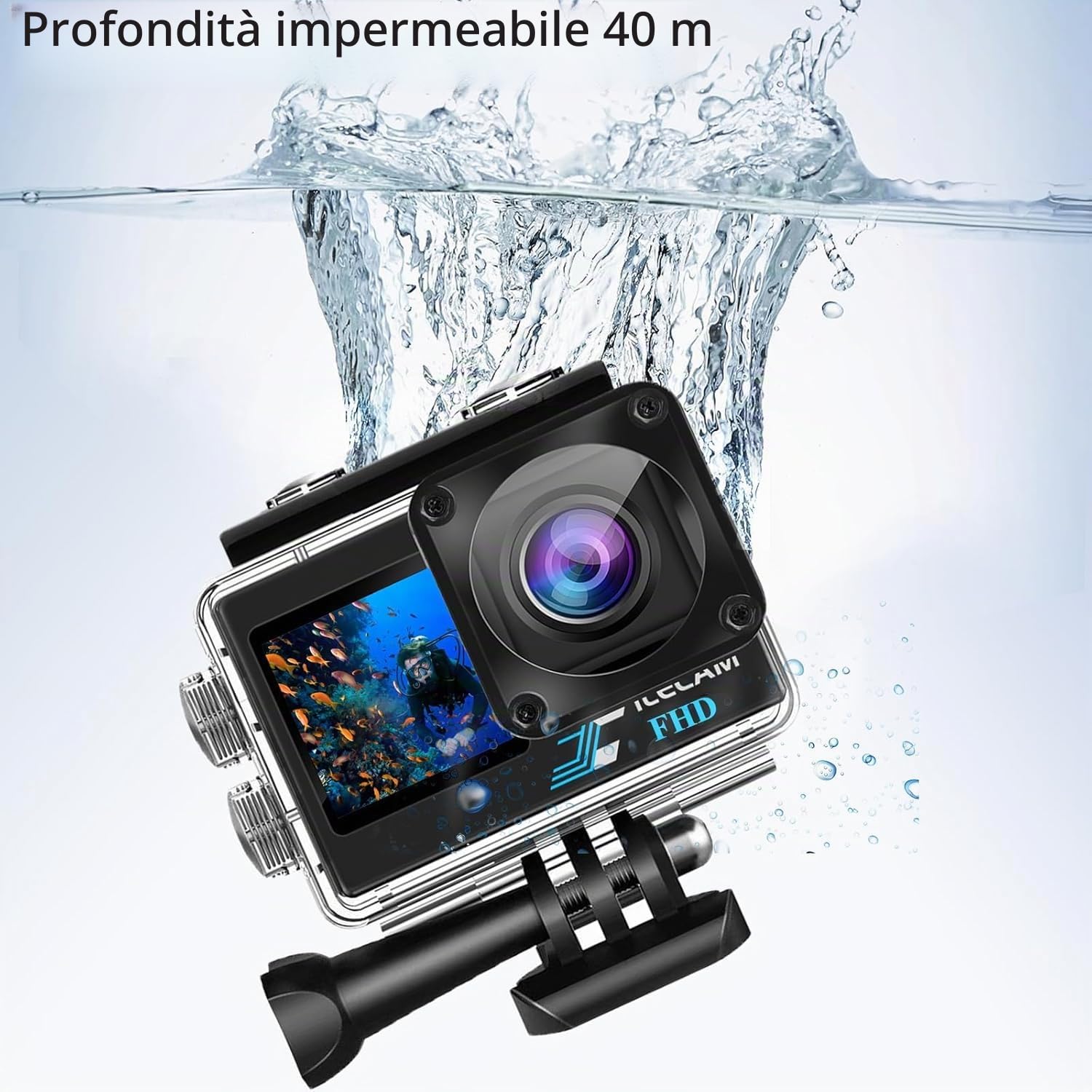 Xilecam Action Cam a Doppio Schermo Fotocamera Impermeabile Con memoria da 32GB 4*Zoom Macchina Fotografica Subacquea da 131 Piedi con Batteria 2 e Accessori Multifunzionali（nero）