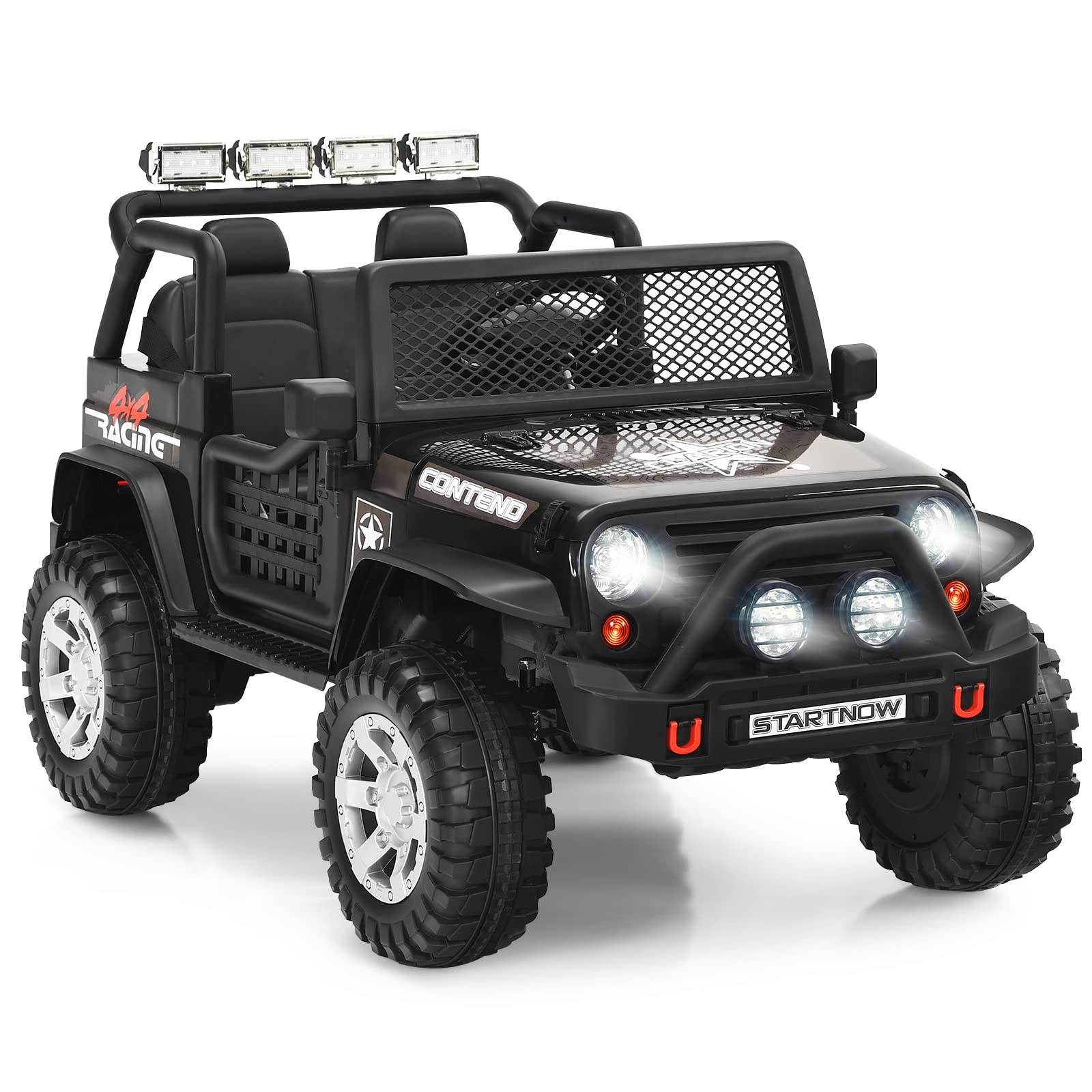 COSTWAY 12V Kids Electric Ride on Truck, Battery Powered Off-road Car with Remote Control, LED Lights, Horn, Music, 4 Spring Suspension Wheels Vehicle Toy for Children (Black)