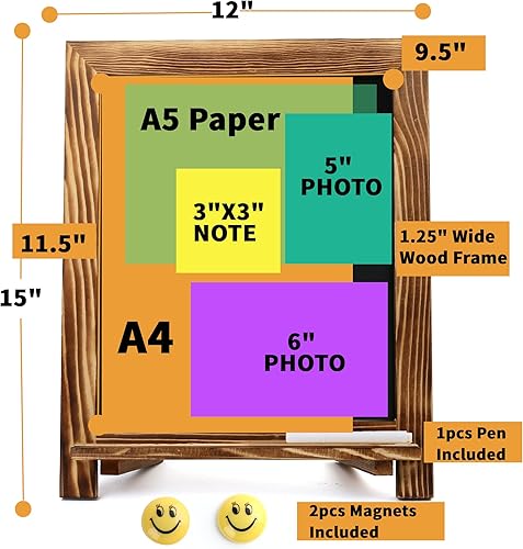 Miniatura 2 de LotFancy Letrero magnético de tiza de 15 x 12 pulgadas, pequeño tablero de madera enmarcada de caballete negro, repisa de pie plegable, 1 bolígrafo