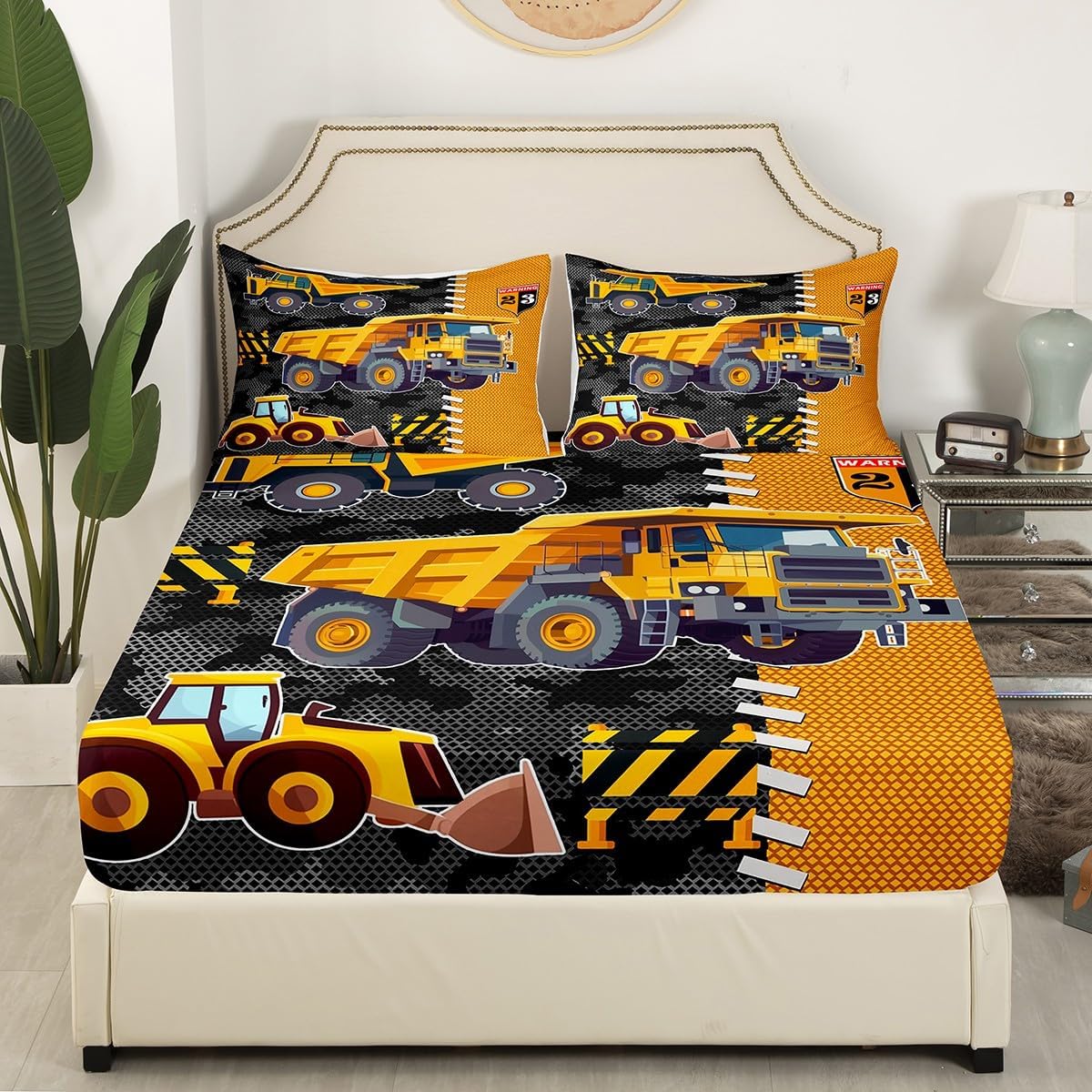Cartoon Truck Boys Fitted Sheet,Yellow Excavator Engineering Vehicle Bedding Set for Kids Teens,Gray Camo Yellow Patchwork Plaid Bed Cover with 2 Pillowcases(No Top Sheet),Queen Size 3 Pcs