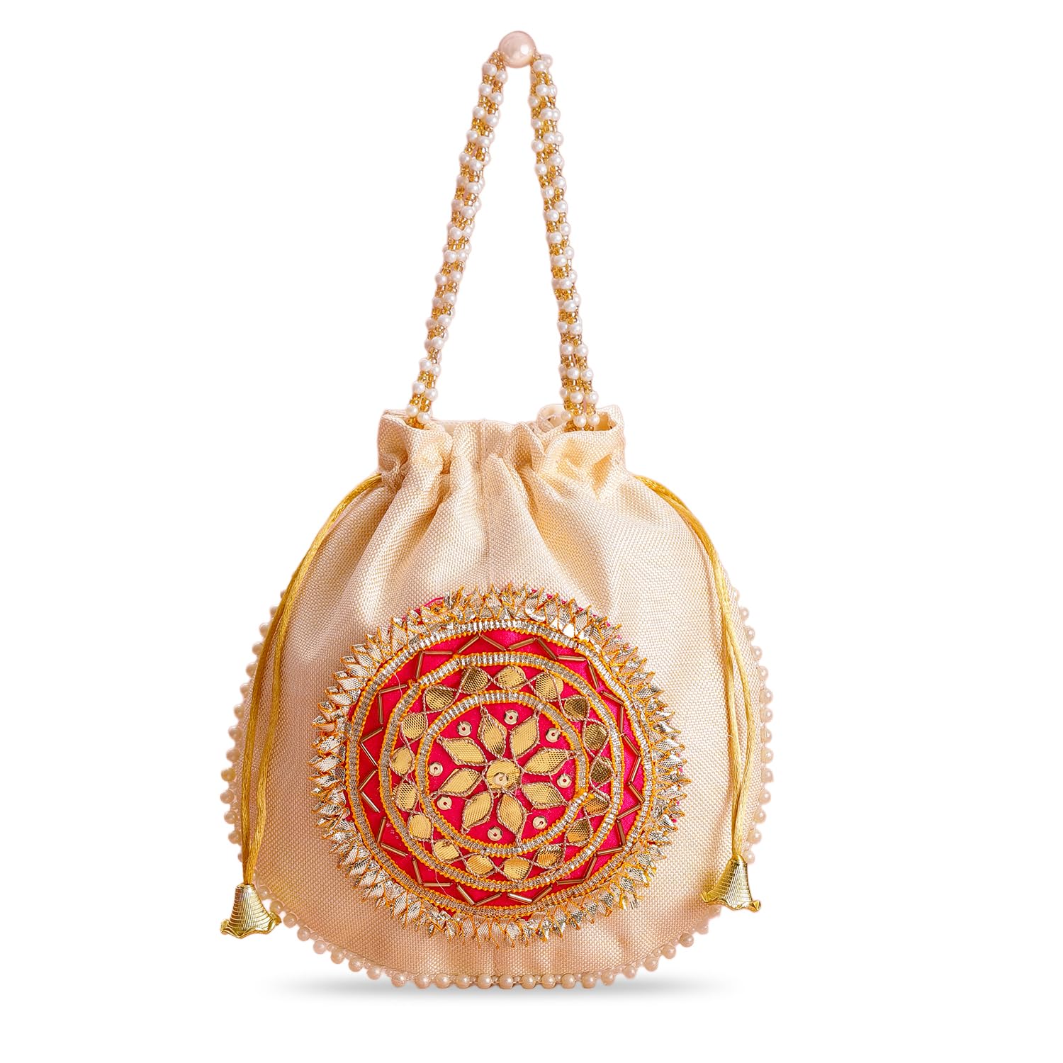 Potli Bag Fabric with Pink Patch Design and Foil Work Traditional Wedding Accessory Gift for Women & Girls-image-13