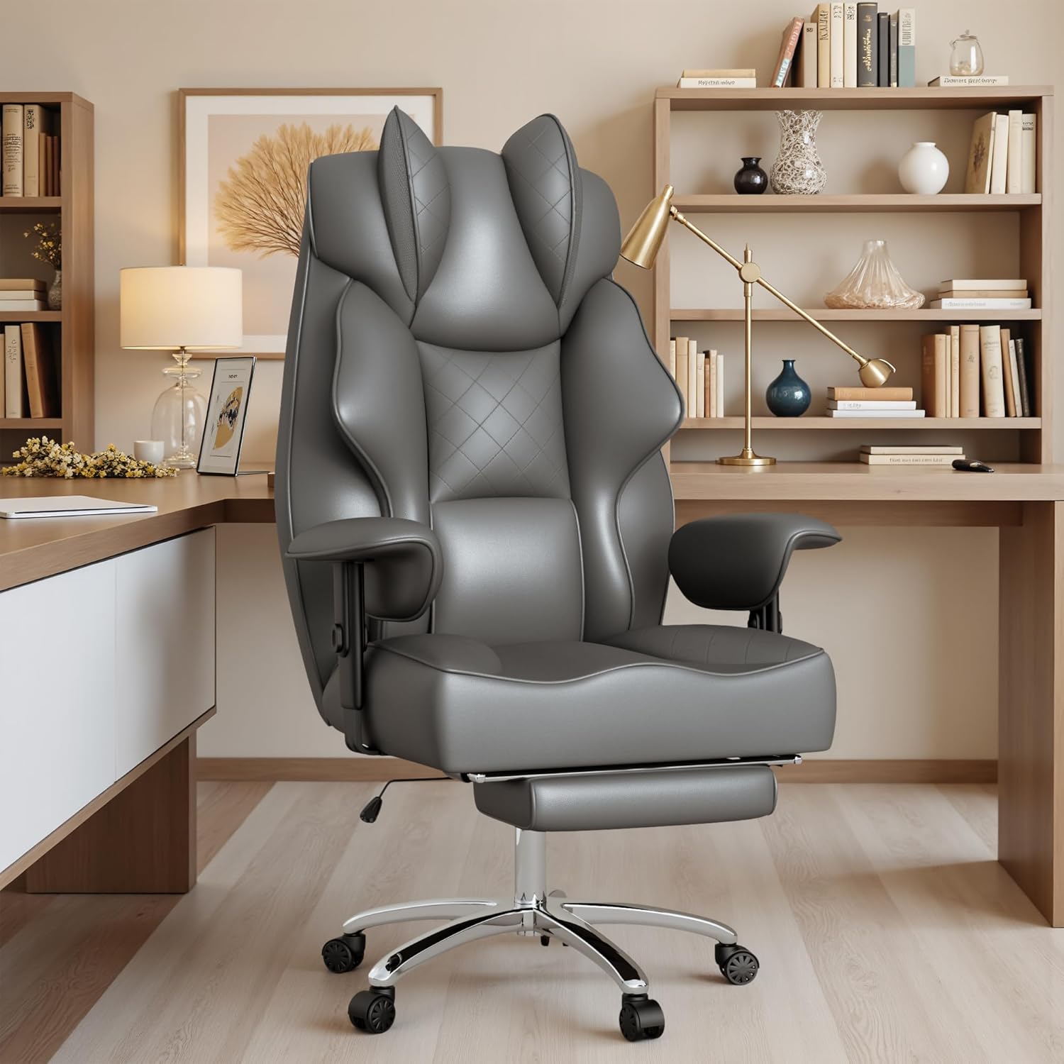 Homall Big and Tall Massage Office Chair,Reclining High Back Ergonomic Home Office Desk Chair with Adjustable Padded Armrest and Foot Rest (Leather, Grey)