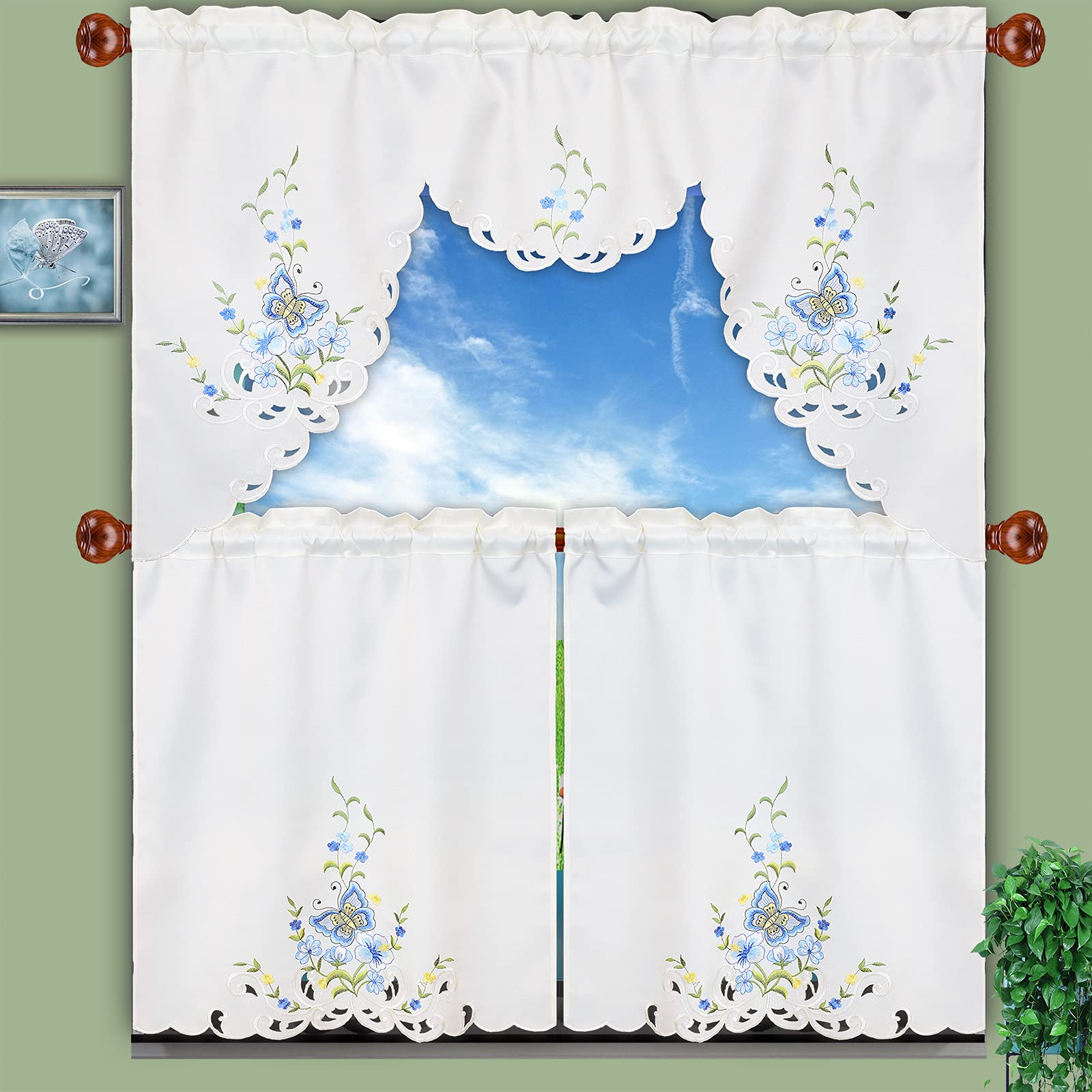 Simhomsen Embroidered Butterfly Kitchen Curtain Swag and Tiers Set for Spring and Summer, Window Treatment, Decorations (Blue)