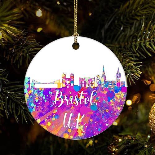 Cheyan Funny United Kingdom-Bristol Christmas Porcelain Ornament Home Decorations Christmas Pendants City Watercolor Christmas Tree Hanging Ornament