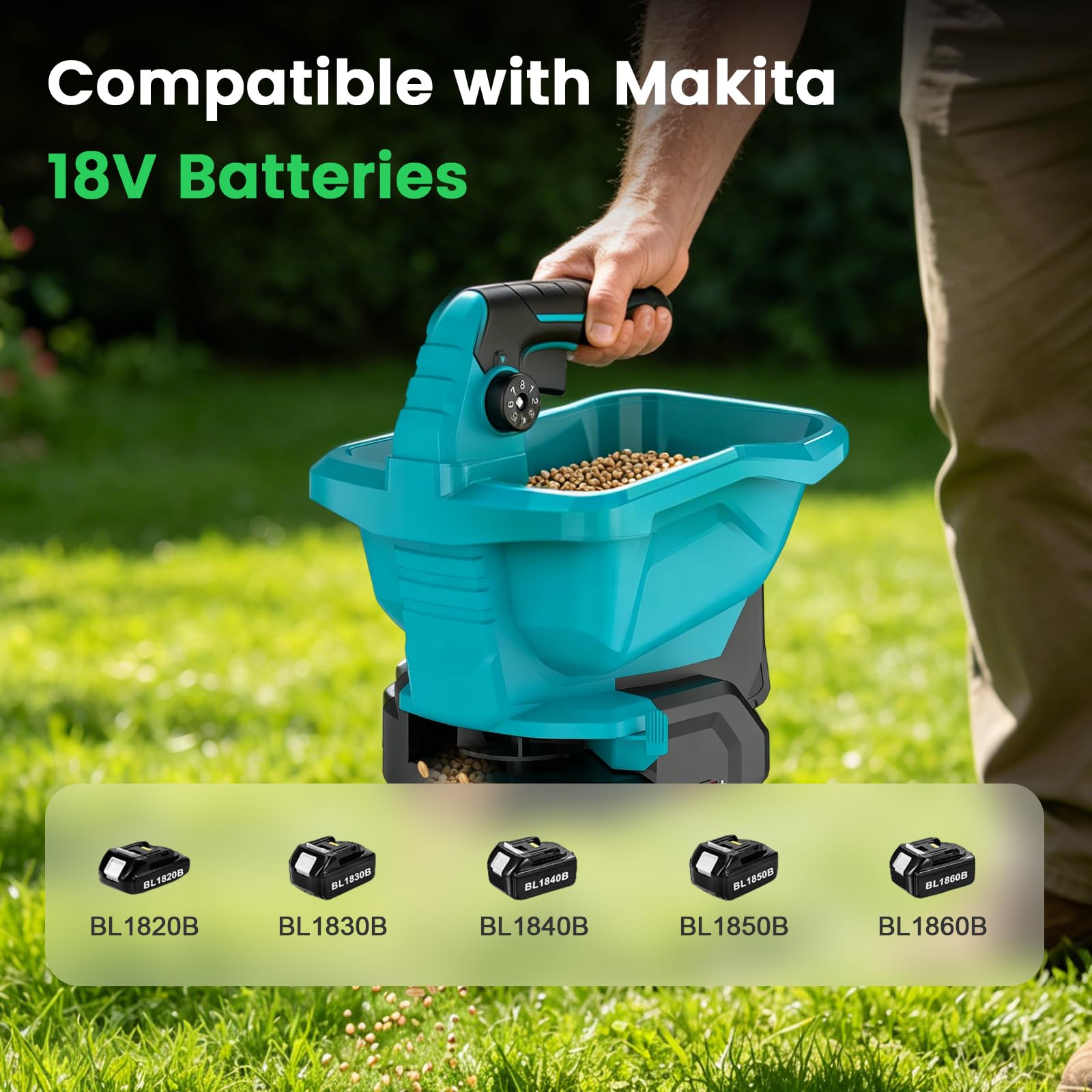 Esparcidor de abono a batería Makita con batería de 18 V, portátil, con 8 niveles de dispersión, 6 velocidades, 3,3 L, universal para semillas de césped, fertilizantes, piensos, sal de carretera (sin