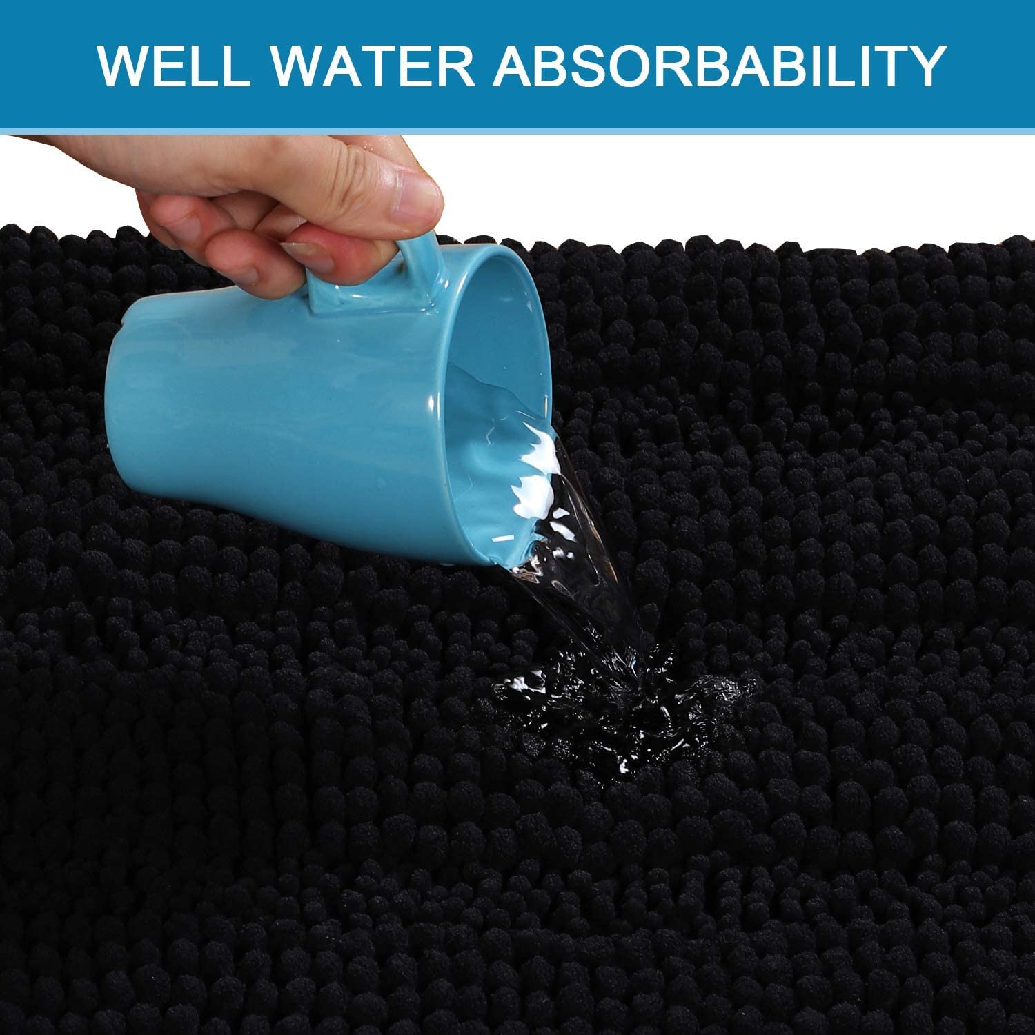 Tapis de bain antidérapant en chenille à poils longs doux pour chambre à coucher (noir 120 x 43 cm) – Parfait pour la salle de bain