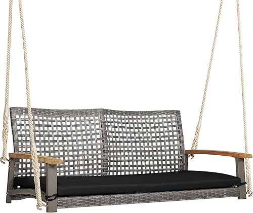 Happygrill Silla columpio para patio para 2 personas, banco oscilante de ratán para exteriores con reposabrazos de madera de acacia y dos cuerdas