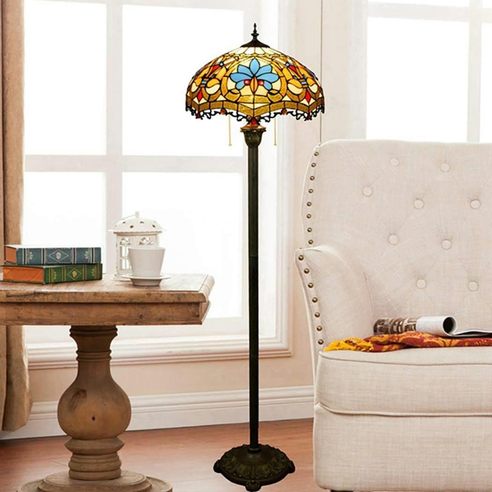 64-Calowa Lampa Stojąca W Stylu Tiffany,Klosz Z Witrażem W Stylu Retro Barokowym,Lampka Nocna Do Sypialni Z Podstawą Z Żywicy,Dekoracja Do Czytania,E27
