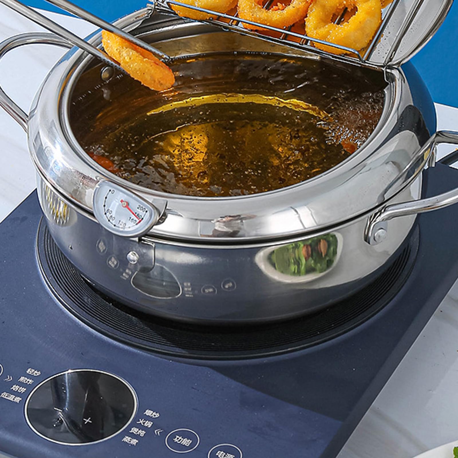 Fritteusentopf, Edelstahl-Bratentopf mit Thermometer, Öltropfgestell und Deckel, 24 cm, ideal für Pommes Frites, Huhn und mehr