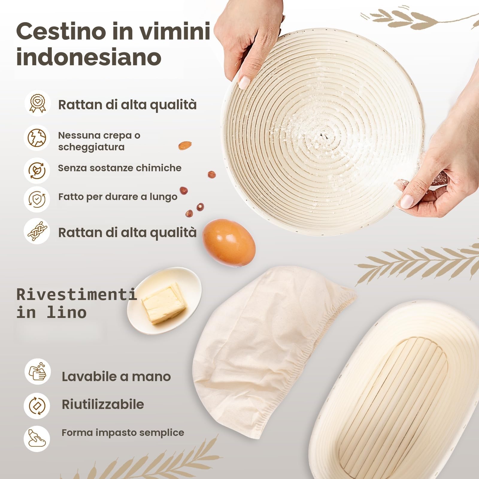 Set di cestini per il pane, set da 10 pezzi per lievitazione naturale, cestini per pane rotondi, diametro 25 cm e ovali, diametro 23 cm, accessori per la cottura del pane