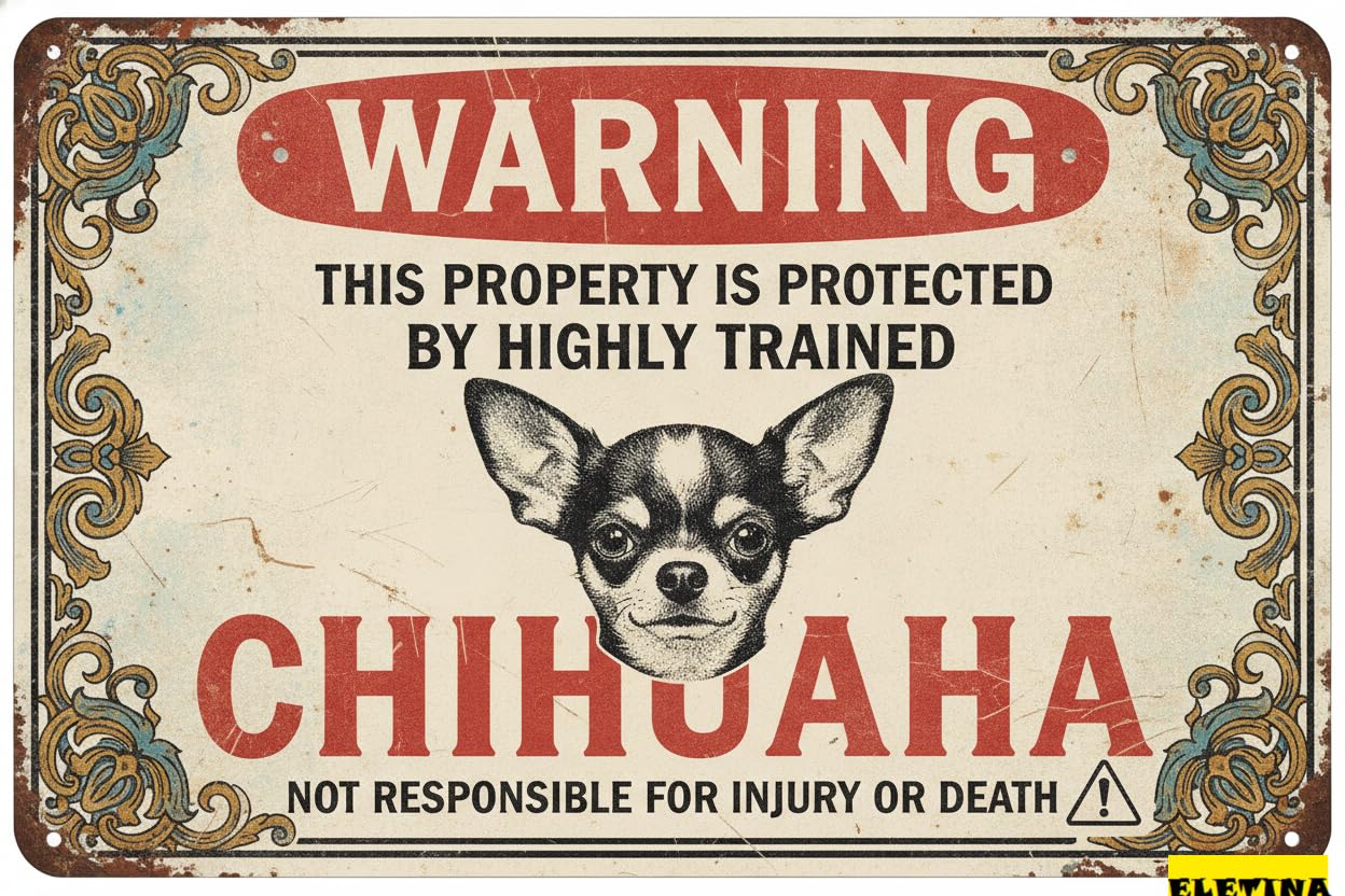 Tin Sign for Man Cave Warning This Property Is Protected By A Highly Trained Chihuahua Tin Beware Halloween S Yard 8x12in Private Decorative