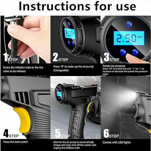 Miniatura 3 de Compresor de aire inalámbrico para coche de 120 W, inflador de neumáticos recargable por USB, pantalla digital, bomba inflable, medidor de presión,
