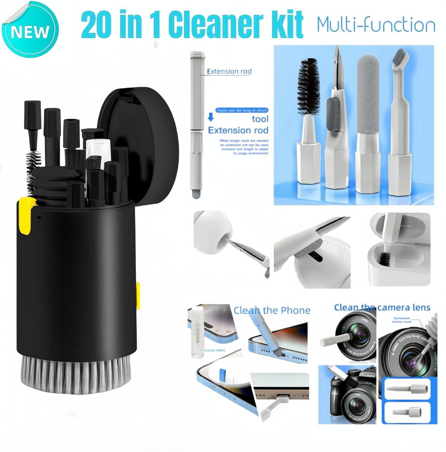 Cleaner Kit for Airpod Laptop Computer Car Camera Watch Screen Keyboard Multifunction Electronics Cleaning Tool Crevice Brush Desk Gadgets 20 in 1 Duster (Black)