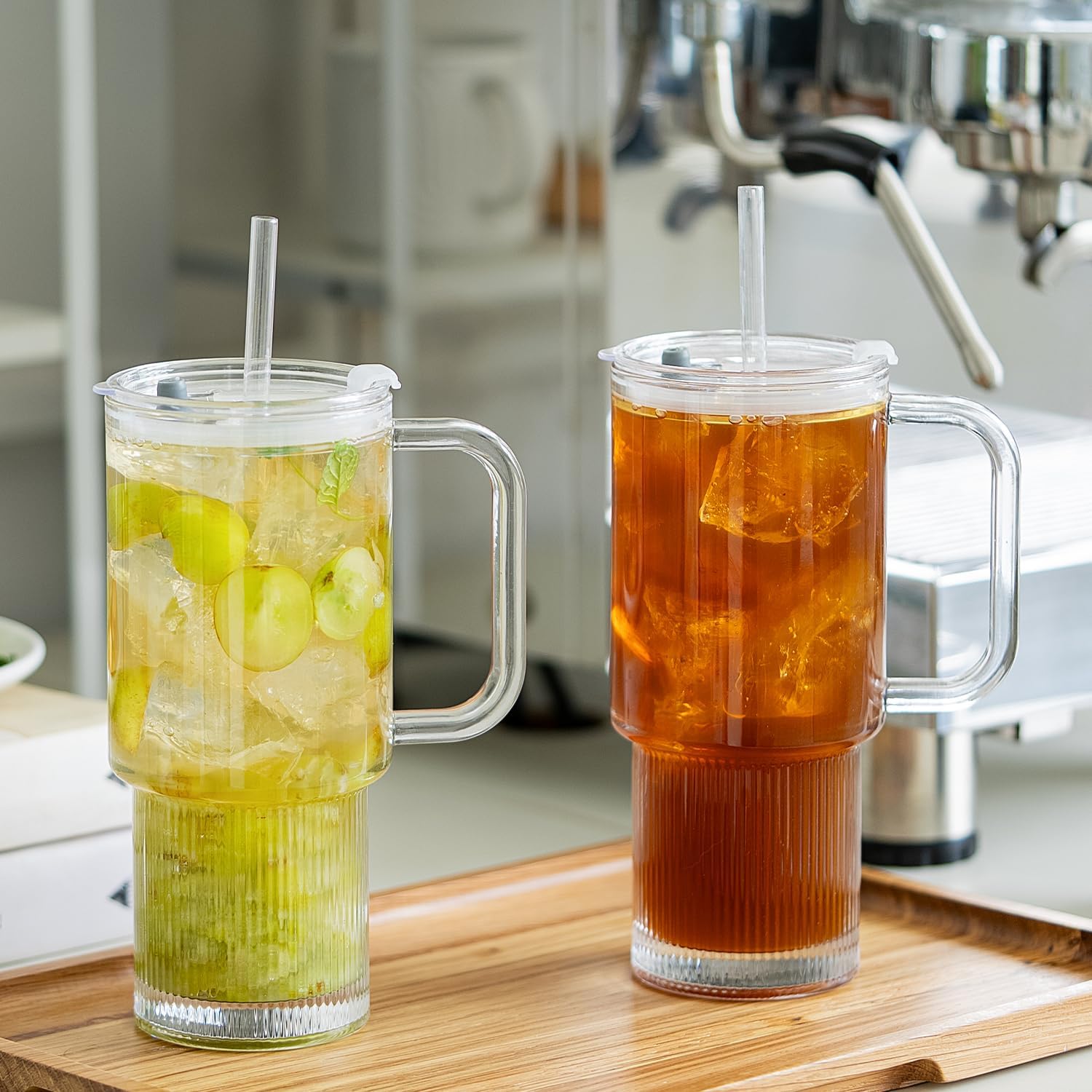 KEMORELA 2-Pack 26oz Ribbed Glass Tumblers with Handle and Lid – Large Aesthetic Iced Coffee Cups with Straws, Modern Textured Glass Mugs for Smoothies, Tea, Juice & Cold Beverages, Dishwasher Safe - Image 2
