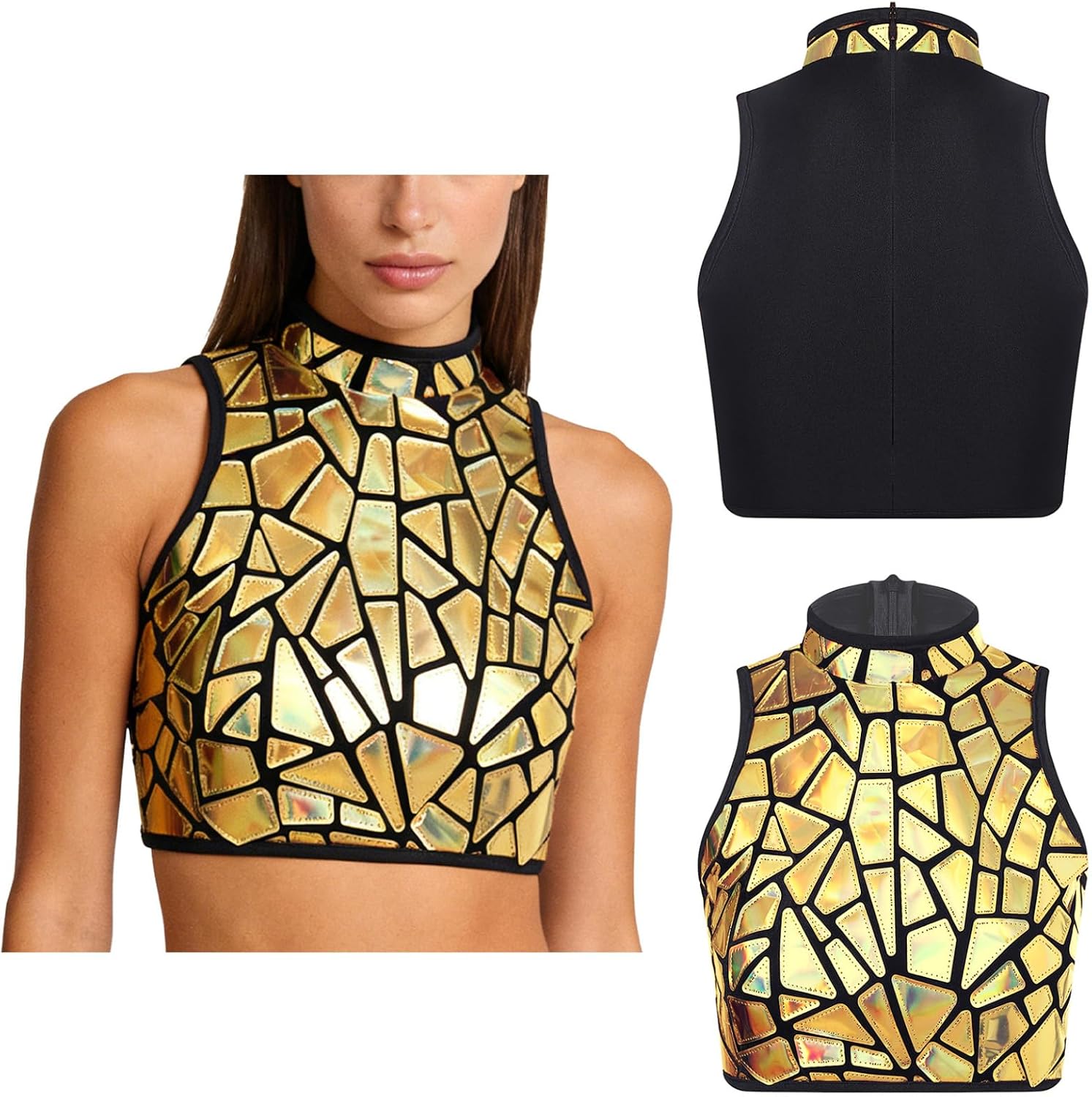 Women Bustier Corset Top Clubwear Cropped Vest Tee Shiny Metallic Pole Dance Costume Zipper Back Rave