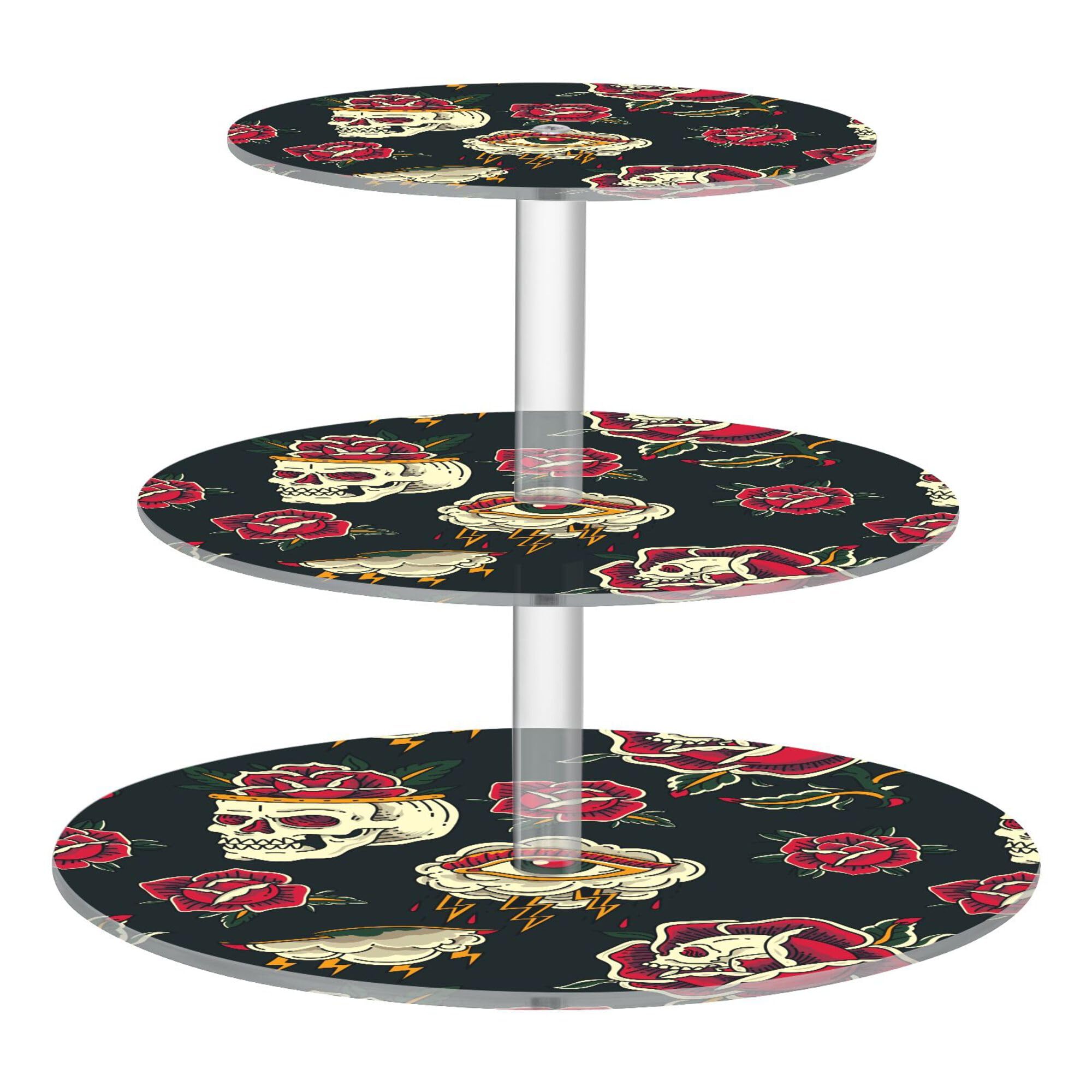PYBUG Old School Tattoo 3 Tier Acrylic Cupcake Stands Tower,Dessert Table Display Set for Tea Party,Wedding,Birthday, Baby Shower