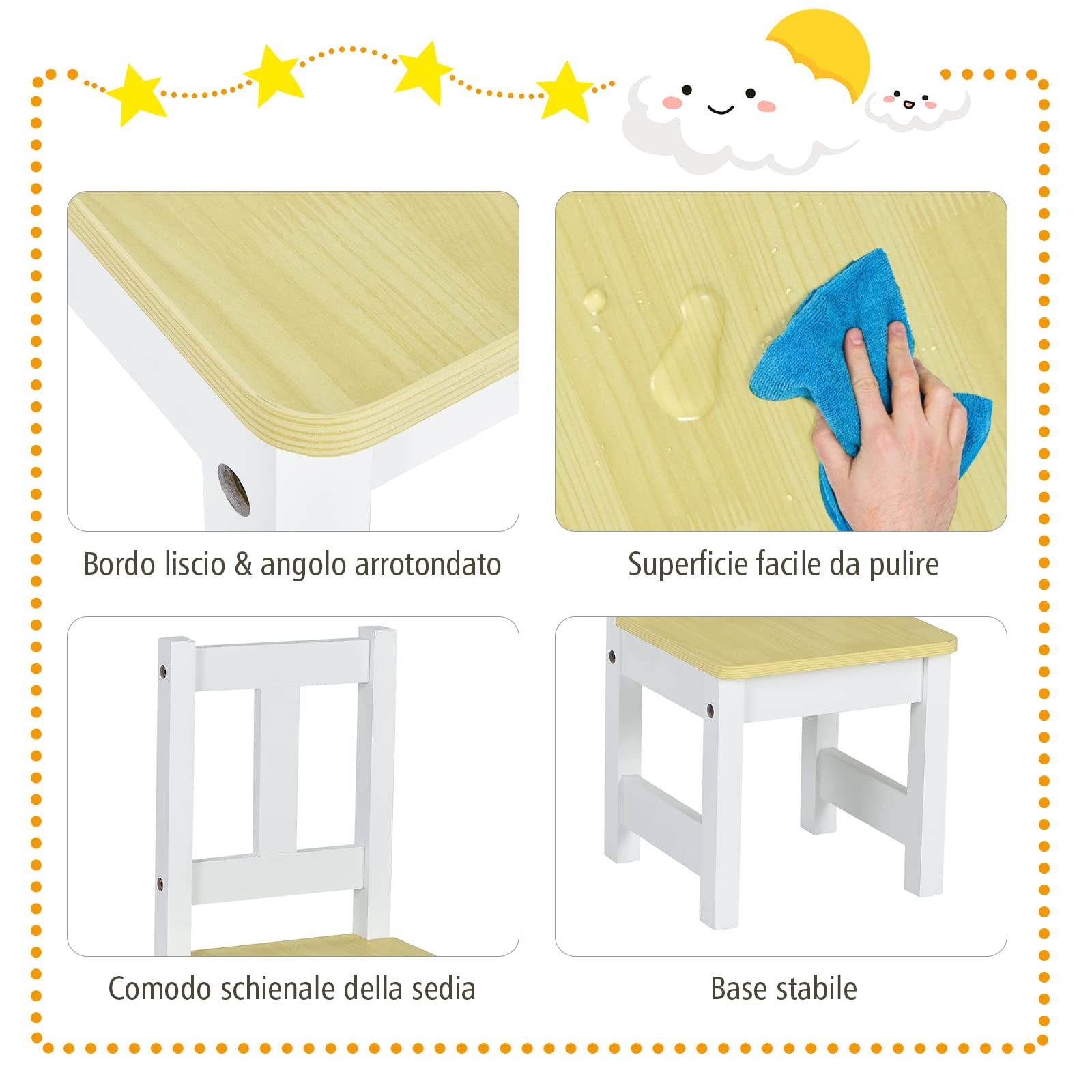 COSTWAY Set 4 Pezzi Tavolo e Sedie per Bambini, 2 in 1 Tavolino Attività di Legno per Bambini con 2 Sedie e 1 Panca, per Giocare Disegnare Leggere e Mangiare (Naturale)