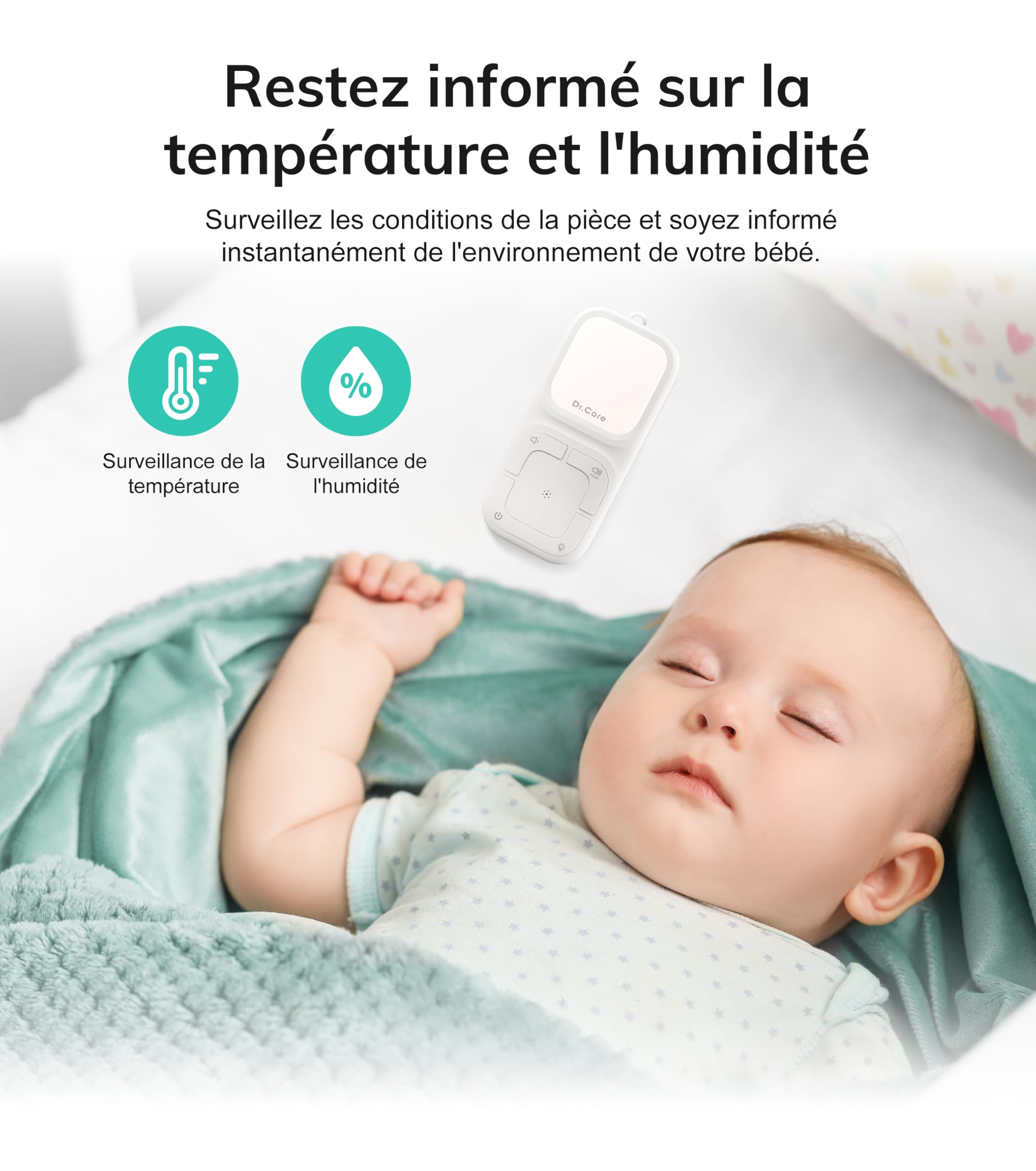 Dr.Care Neo Go Moniteur Audio Portable pour Bébé & Machine à Sons | Aide Sommeil, 300m Portée, Batterie Jour & Nuit, Clip Portable, VOX, Veilleuse, 8 Berceuses