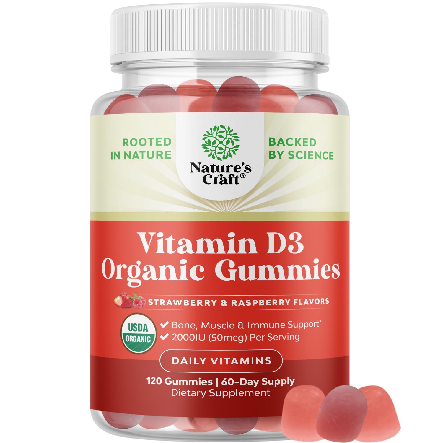 Natures CraftOrganic Vitamin D Gummies for Adults - Daily Immune Support Gummies with Vegan Vitamin D3 2000IU - USDA Organic D3 for Adults Wellness Non GMO Gluten Free 2 Month SupplyUSDA Organic