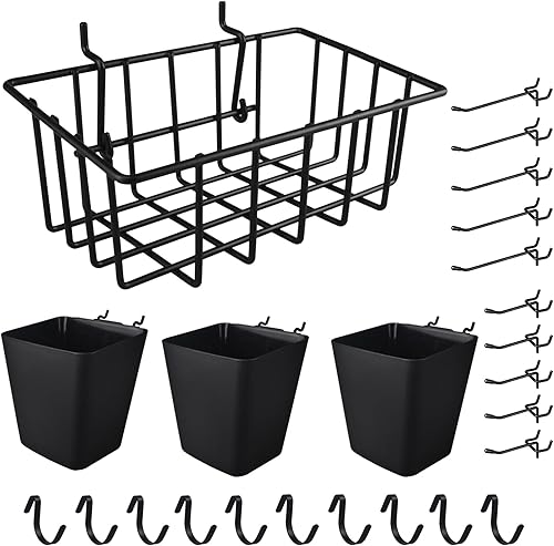 Paquete de 24 cestas organizadoras de tableros de clavijas con ganchos para tablero de clavijas, vasos, ganchos de clavijas surtido para tableros de