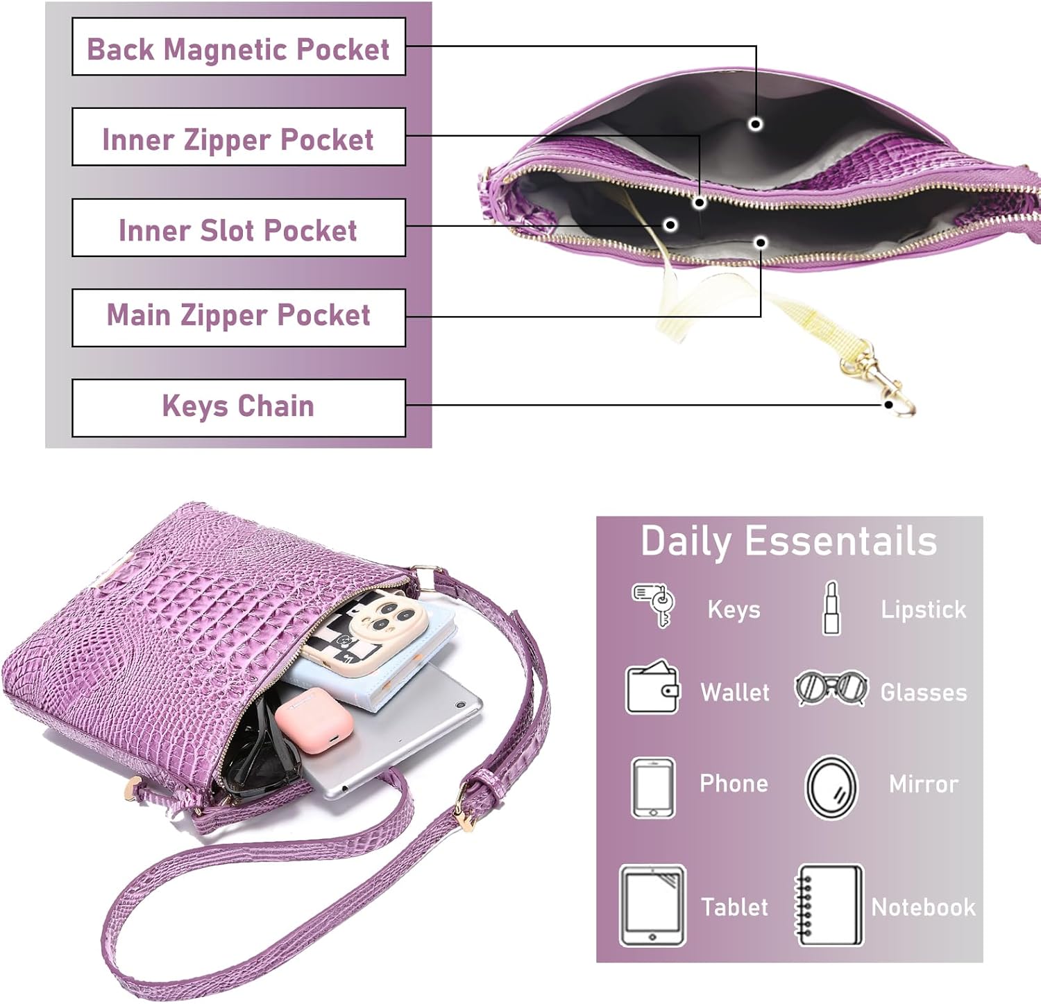 Shoulder Crocodile Flat Handbags for Women trendy Ladies Shoulder Bag Embossed Pattern Leather Crossbody Purse - Image 5