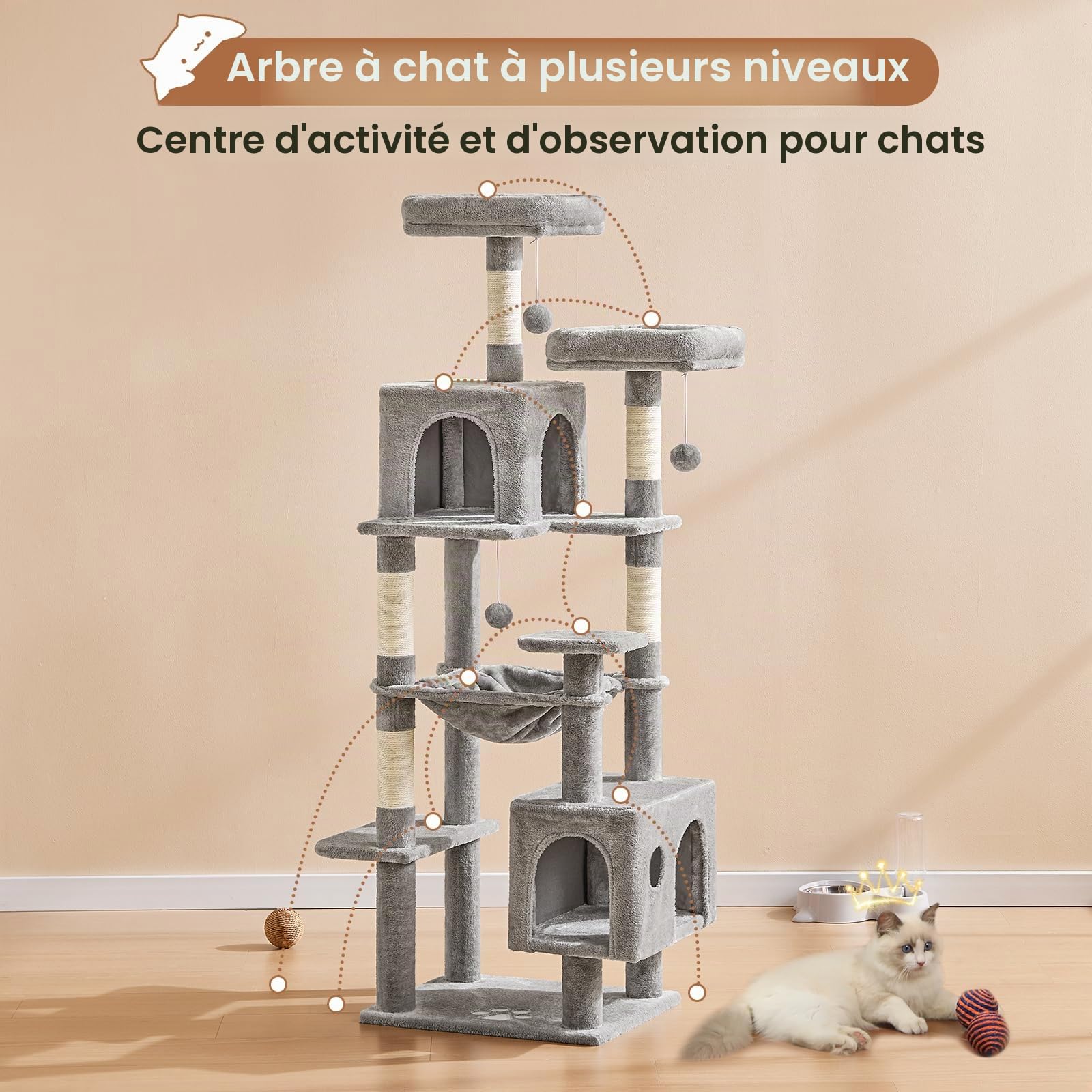 MSmask Grand arbre à chat stable en L avec 2 plateformes, 2 niches pour chats, hamac, colonnes en sisal, arbre d'escalade à plusieurs étages pour chats (gris clair, 160 cm)