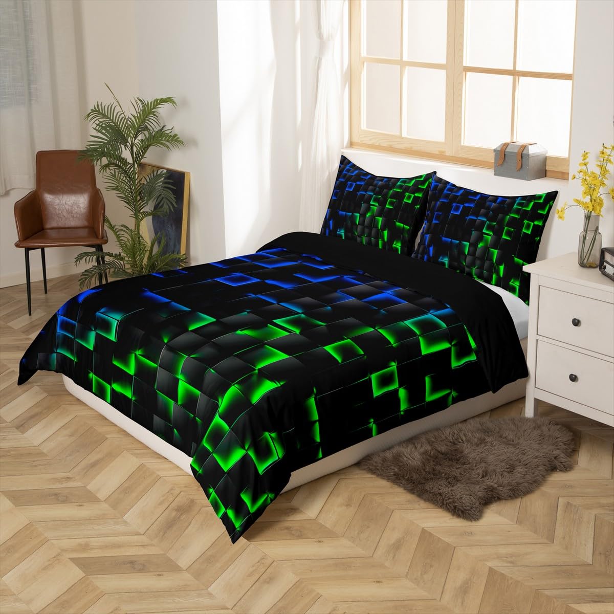 Homewish Geometric Checkered Duvet Cover King Neon Blue Green Bedding Set for Kids Boys Teen Gamer Room Decor Abstract Ombre Plaid Quilt Cover Grids Bed Set Black - Image 2