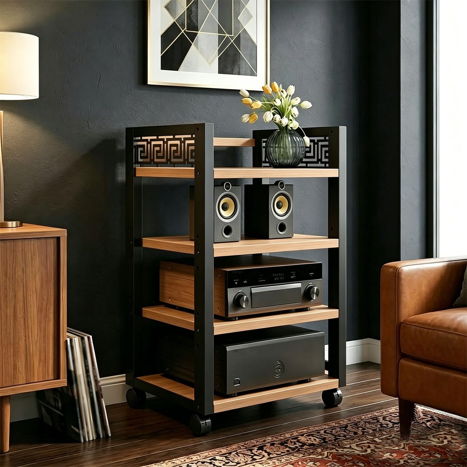 Audio Rack, 3 4 5 Tier Heavy Duty Stereo Rack with Adjustable Shelves, Open Audio Cabinet Metal Frame Wooden Shelf Living Room Home Theater