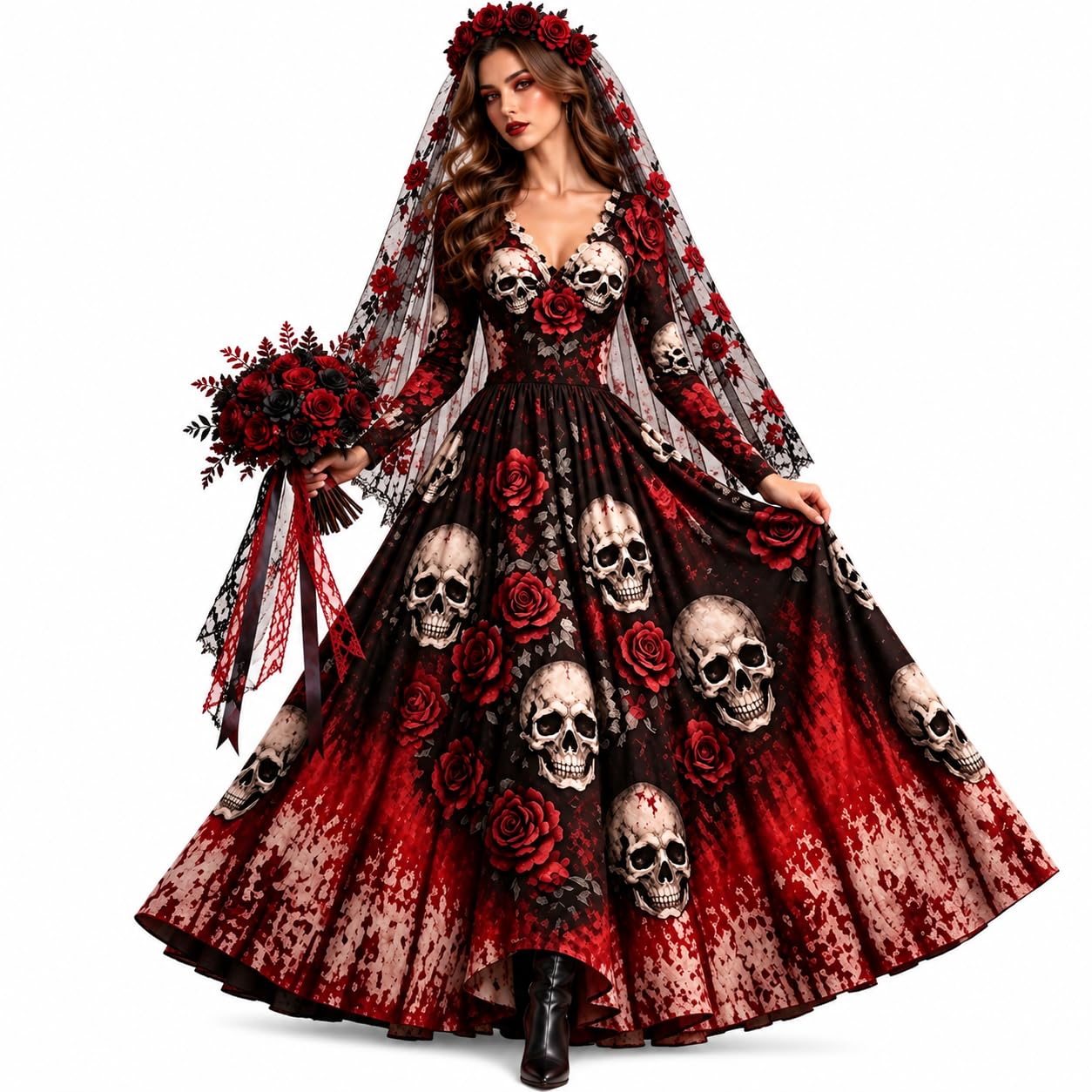Skeleton Dress Long Sleeve V Neck Maxi Halloween Dresses N Spooky Skull Rose Gothic Festival Party Outfit Plus Size Halloween Costumes for Women