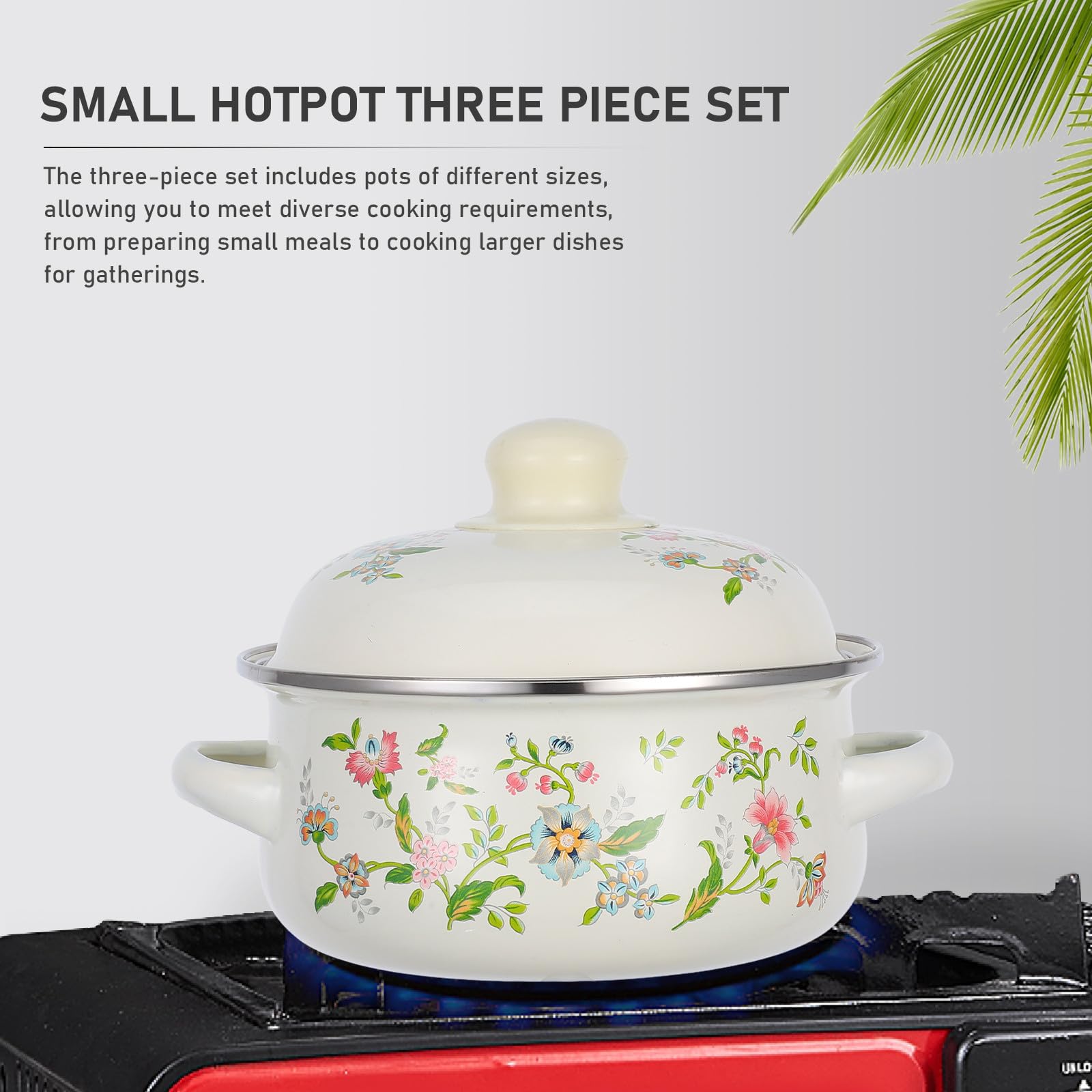 Operitacx Set 3 Pentole Smaltate con Coperchio, Pentola per Brodo a Fuoco Lento con Doppie Maniglie, Pentola per Zuppa d'Epoca Floreale, Dimensioni 16-18-20 Cm per Cucina e Stufa