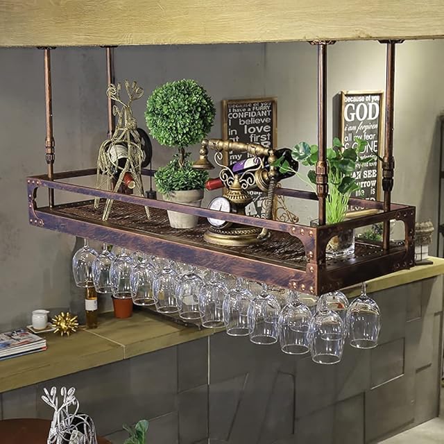 Hanging Wine Rack, Metal Ceiling Bottle Rack, Vintage Display Wine Storage Holder with Stemware Glass Shelf for Under Cabinet, Kitchen, Bar, Adjustable Height and Width (Black 100 * 35cm) (Brass