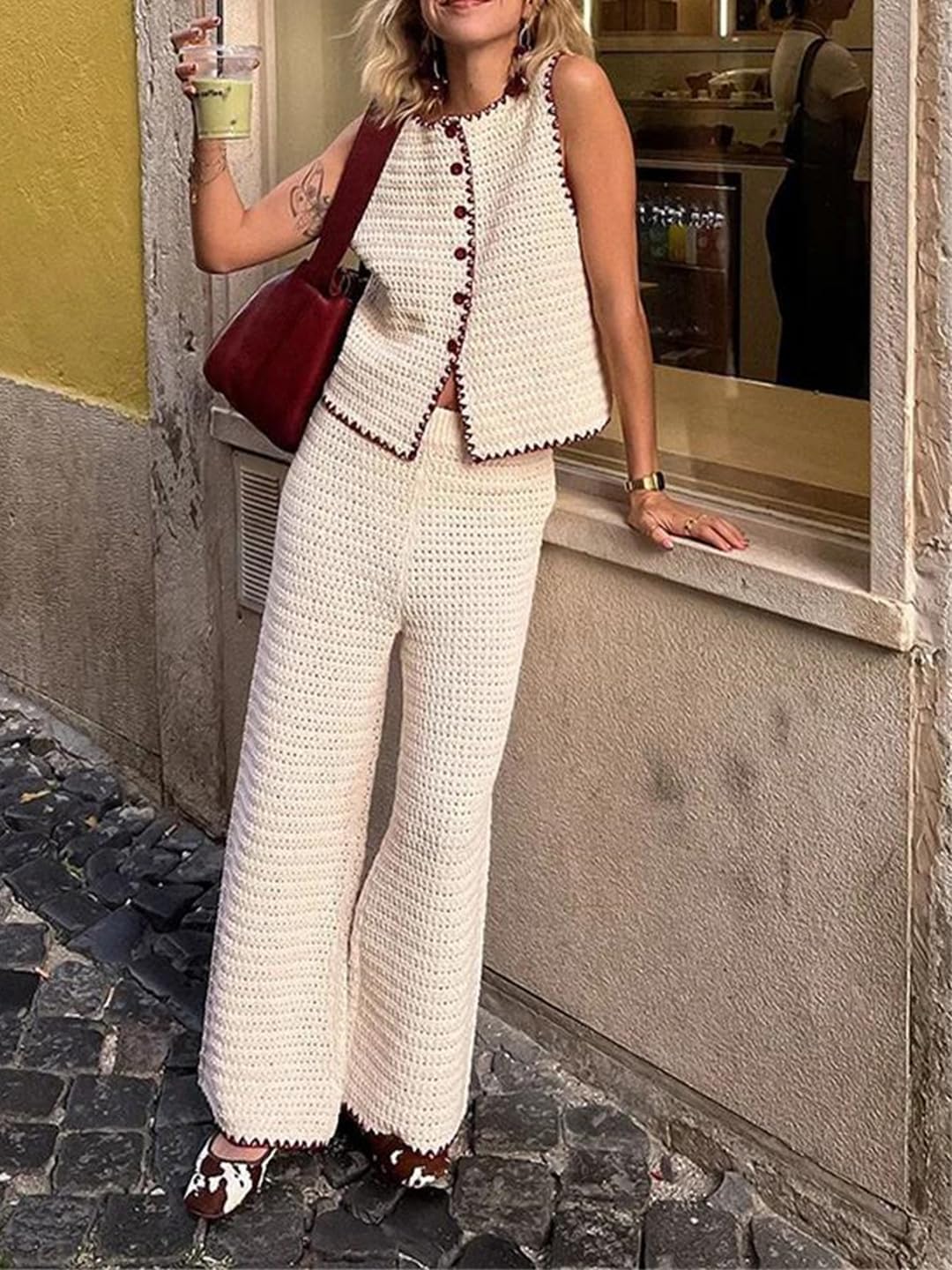 Women Sleeveless Casual Contrast Knit Vest Pants Set O-Neck Button Top Loose Wide Leg Trouser Vacation Suit