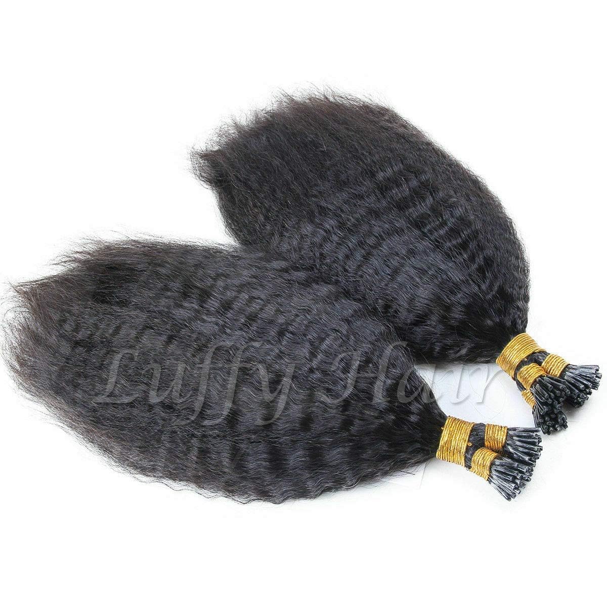 Kinky Straight I Tip Human Hair Extension Brazilian Virgin I Tip Hair Coarse Yaki Microlinks Stick I Tip Hair Pre bonded 100Strands 100g (16inch 100strands, #1B(Natural Black))