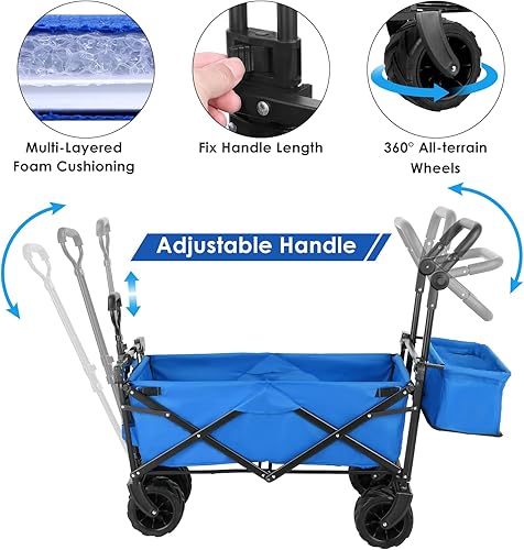 Miniatura 4 de Arlopu Carrito de jardín plegable con toldo extraíble, carrito plegable extra grande con ruedas de 7 pulgadas, carro de playa todo terreno