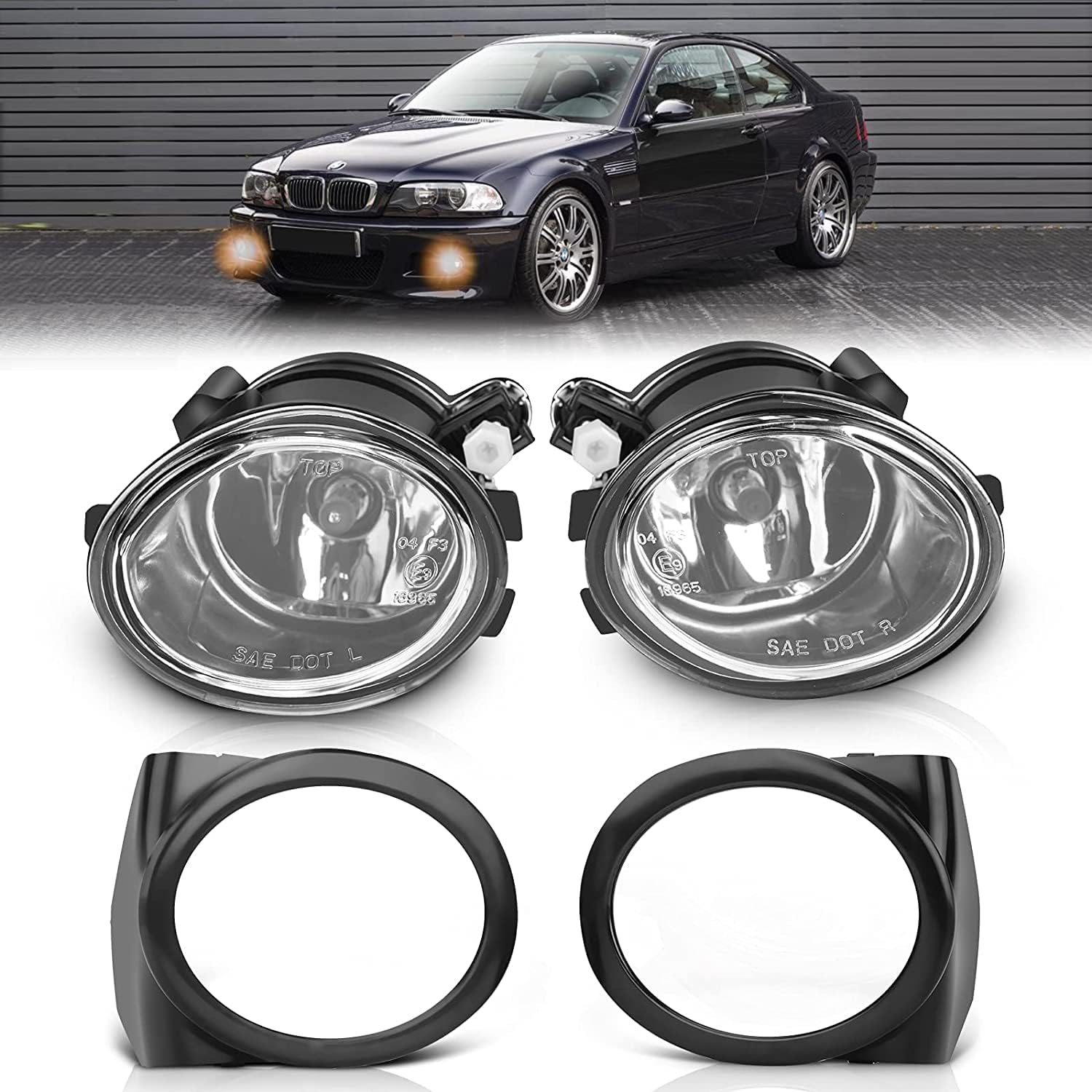 Fog Lights compatible with BMW (E46 E39 M3 M5) / 3 Series (320i 323i 325i 325xi 330i 330xi 330ci Sedan, 325i 325xi 330i 330xi Wagon, all w/Sport Package), with Frame, Fog Lamps