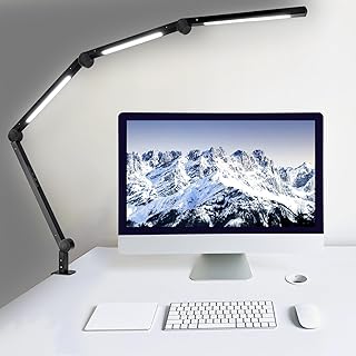 LED Desk Lamp with Clamp Flexible 4 sections Swing Arm Three light sources desk light, 4 Color Modes & 5 Brightness, Eye Caring Led table light with Memory Function for table lamps for office