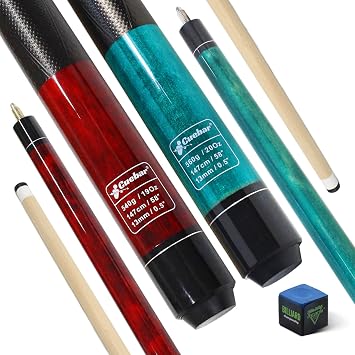 Pool Cues Set of 2 for Adults - 58 Inch 2-Piece Maple Billiard Sticks with 13mm Tip & 3D Grip for Home Bar or Game Room - Choose 2 Colors & Weights 18-21oz